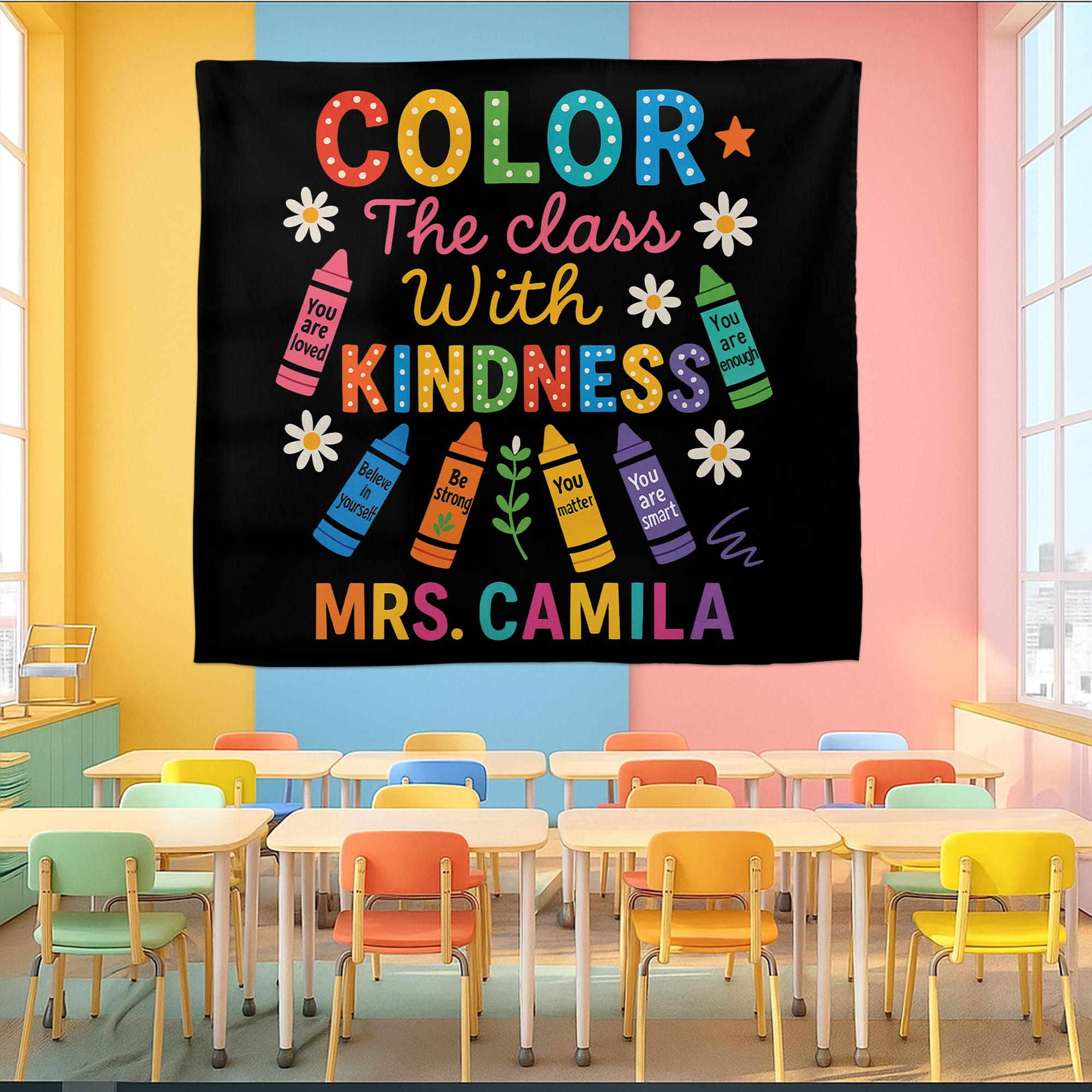 Color the Class with Kindness Tapestry, Personalized Teacher Wall Decor, Classroom Crayon Banner, Custom Teacher Backdrop, Cute Tapestry