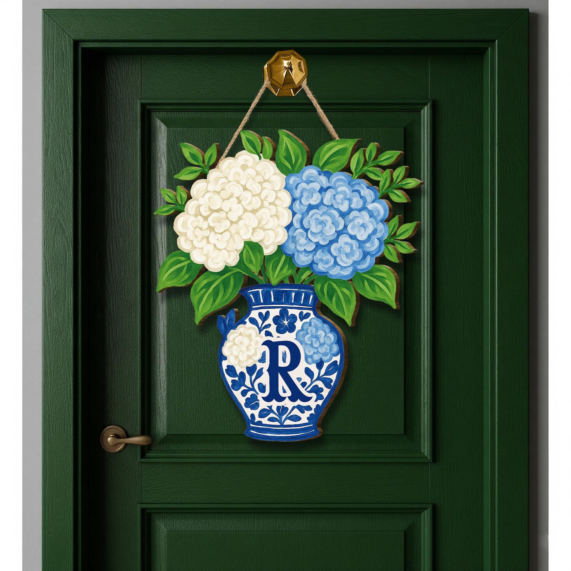 Custom Chinoiserie Vase Monogram Door Hanger – Hydrangea Floral Front Door Sign – Personalized Hanging Porch Decor with Last Name Initial