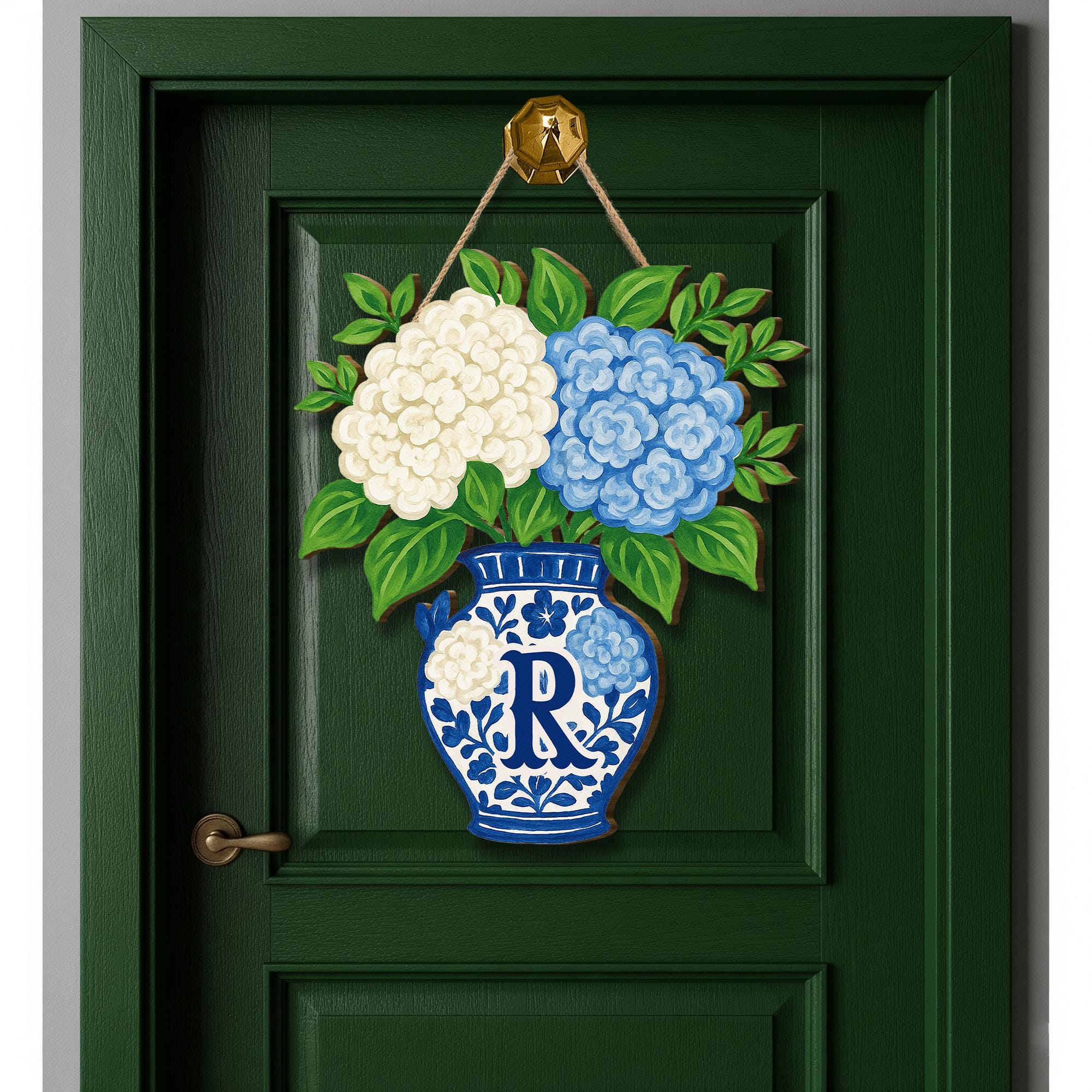 Custom Chinoiserie Vase Monogram Door Hanger – Hydrangea Floral Front Door Sign – Personalized Hanging Porch Decor with Last Name Initial