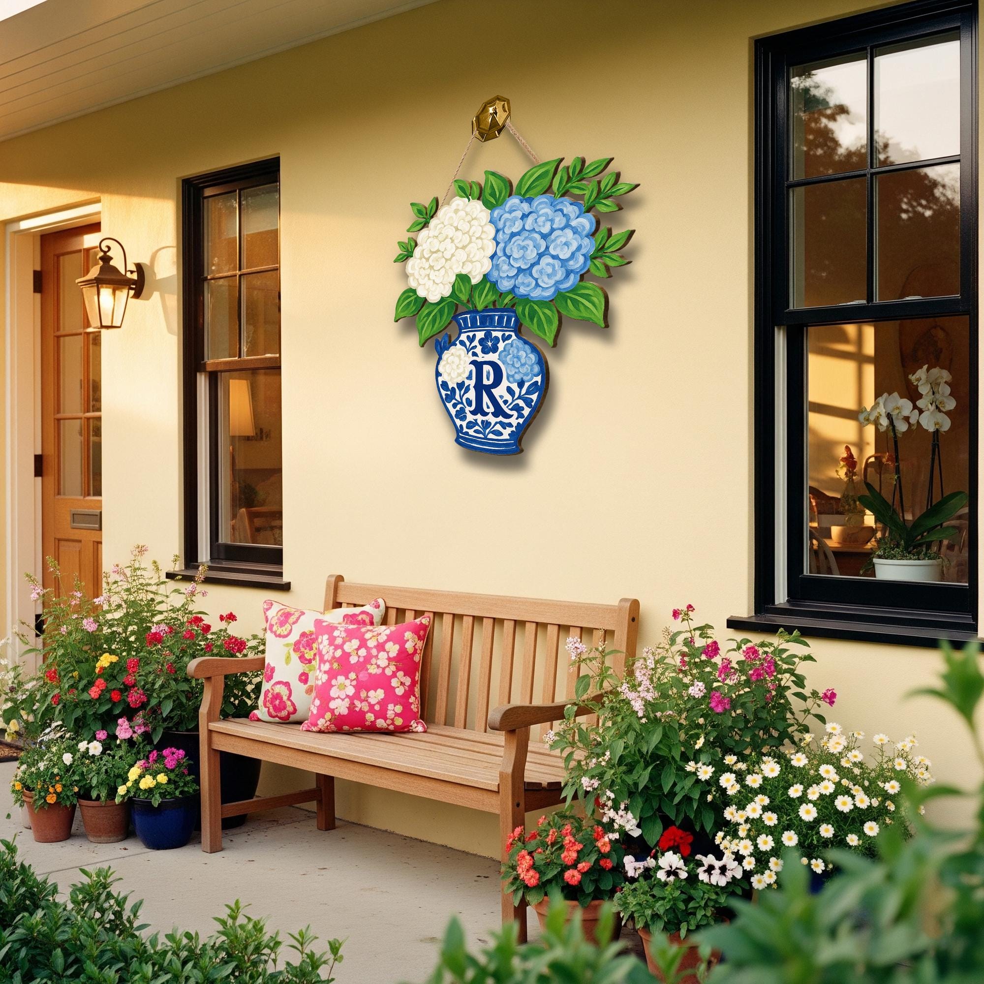 Custom Chinoiserie Vase Monogram Door Hanger – Hydrangea Floral Front Door Sign – Personalized Hanging Porch Decor with Last Name Initial
