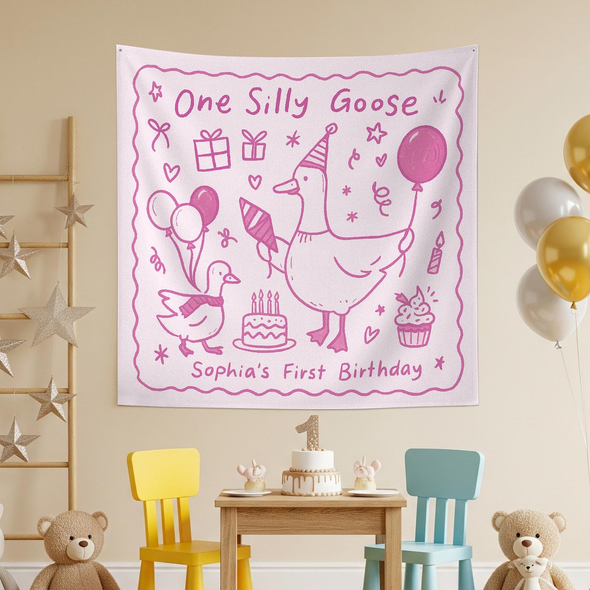 One Silly Goose Birthday Tapestry – Custom 1st Birthday Party Backdrop for Girls – Goose Theme Baby Decor with Name Personalization Banner