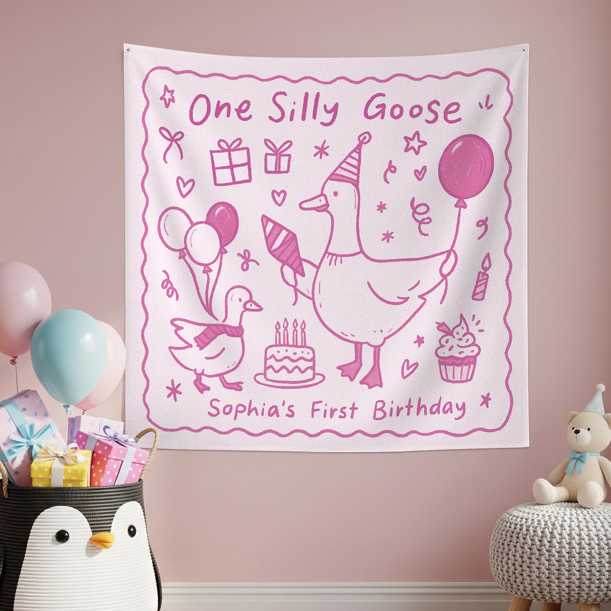 One Silly Goose Birthday Tapestry – Custom 1st Birthday Party Backdrop for Girls – Goose Theme Baby Decor with Name Personalization Banner
