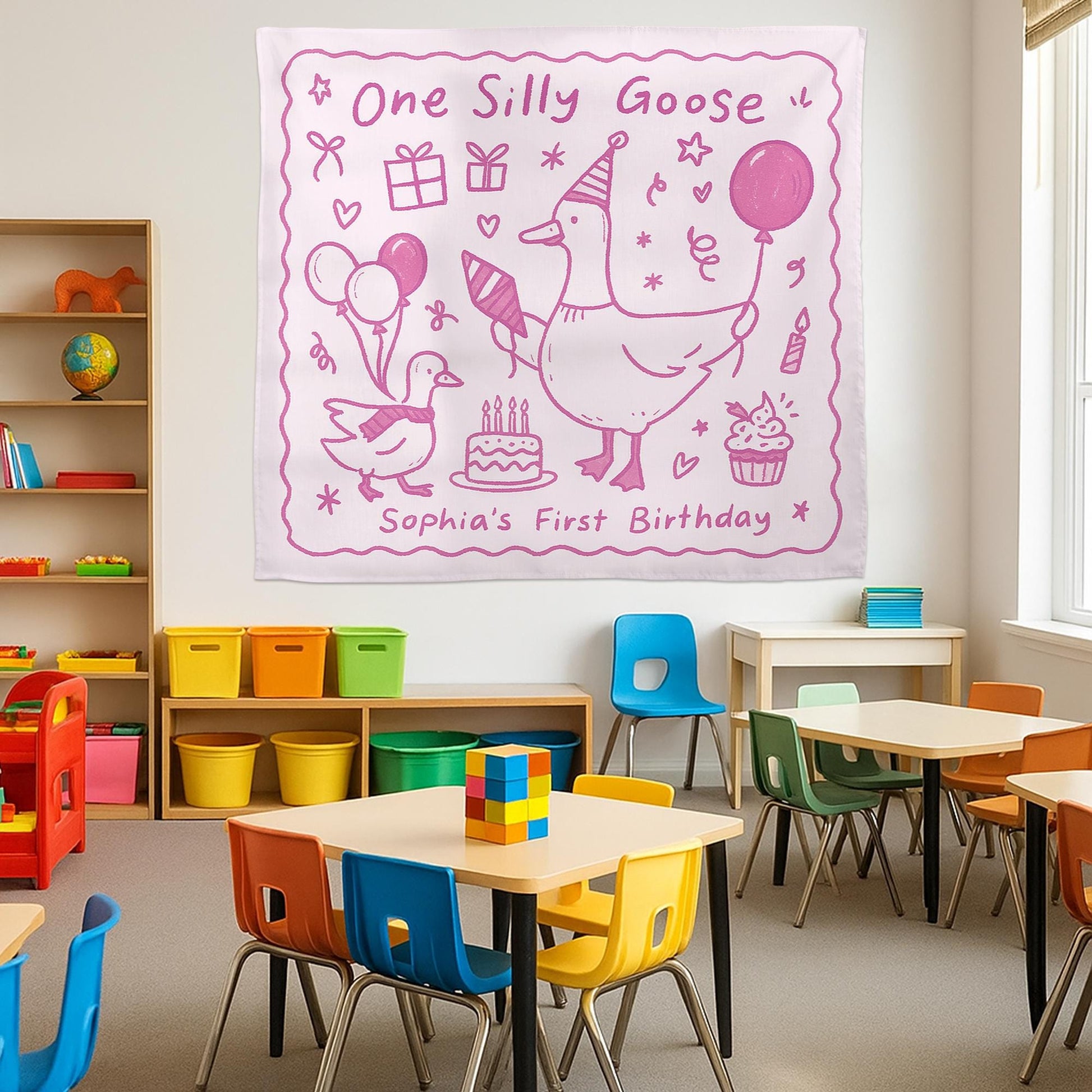 One Silly Goose Birthday Tapestry – Custom 1st Birthday Party Backdrop for Girls – Goose Theme Baby Decor with Name Personalization Banner