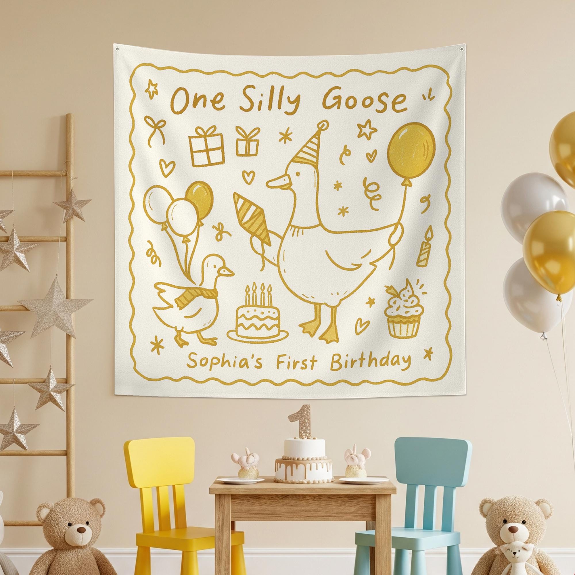 One Silly Goose Birthday Tapestry – Custom 1st Birthday Party Backdrop for Girls – Goose Theme Baby Decor with Name Personalization Banner