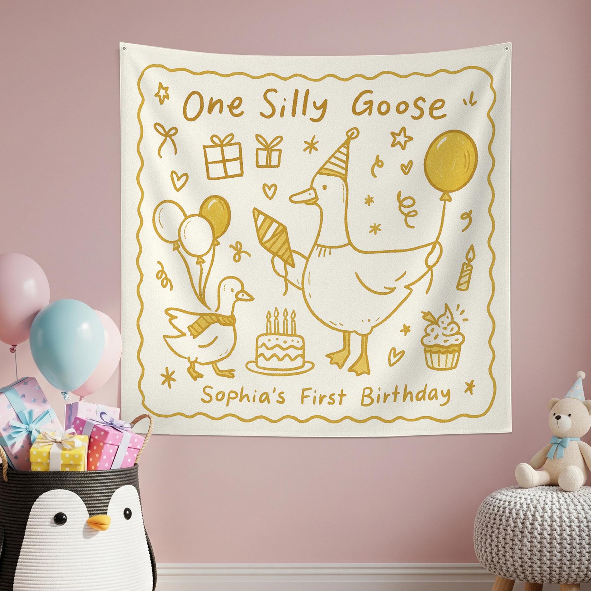 One Silly Goose Birthday Tapestry – Custom 1st Birthday Party Backdrop for Girls – Goose Theme Baby Decor with Name Personalization Banner
