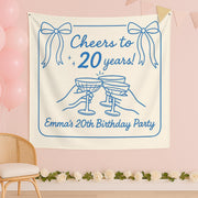 Custom Birthday Tapestry – Cheers to 20 Years Party Banner – Personalized Name & Age Wall Decor for Milestone Celebration