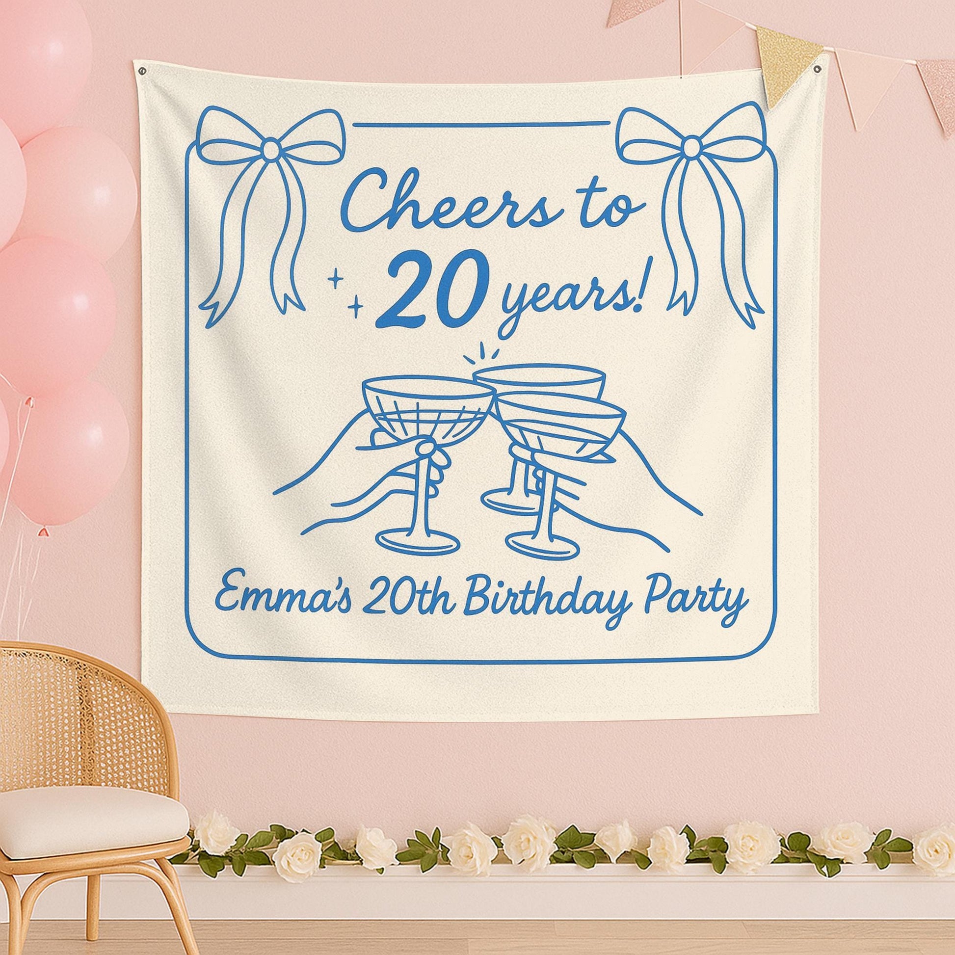 Custom Birthday Tapestry – Cheers to 20 Years Party Banner – Personalized Name & Age Wall Decor for Milestone Celebration