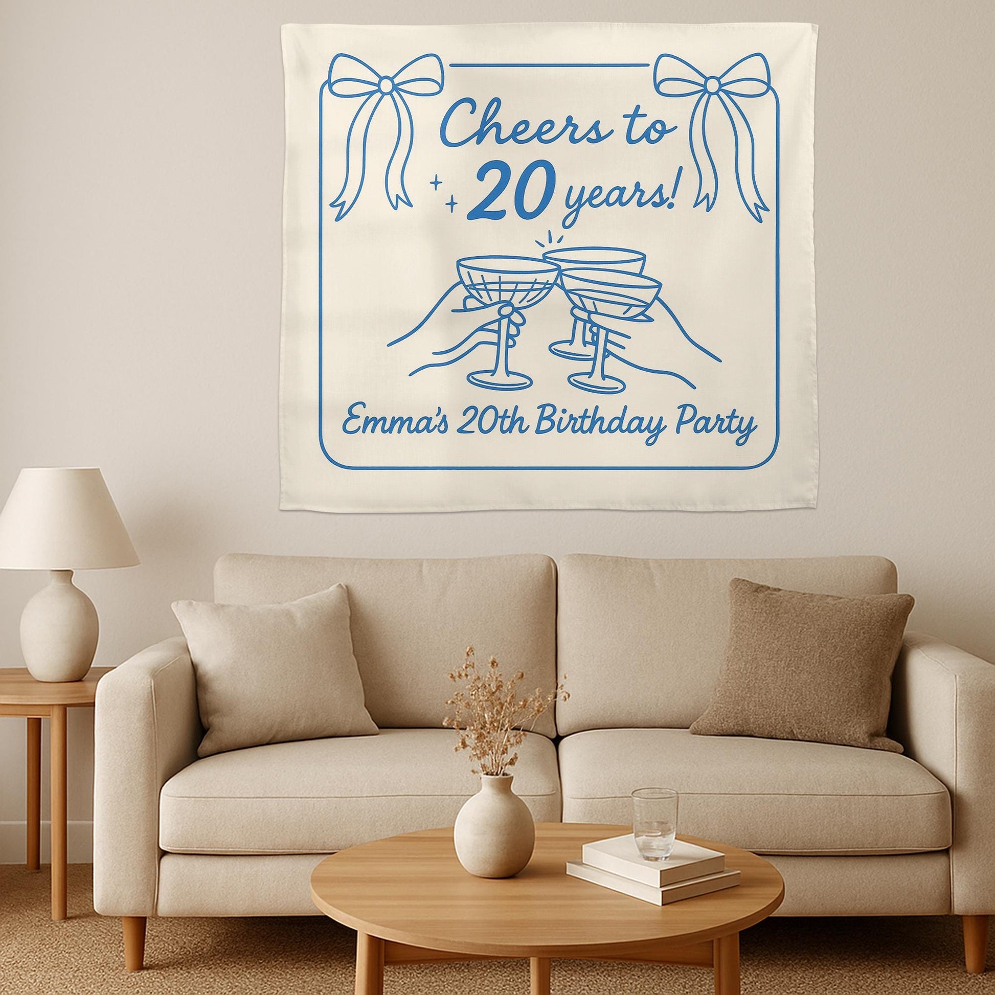 Custom Birthday Tapestry – Cheers to 20 Years Party Banner – Personalized Name & Age Wall Decor for Milestone Celebration