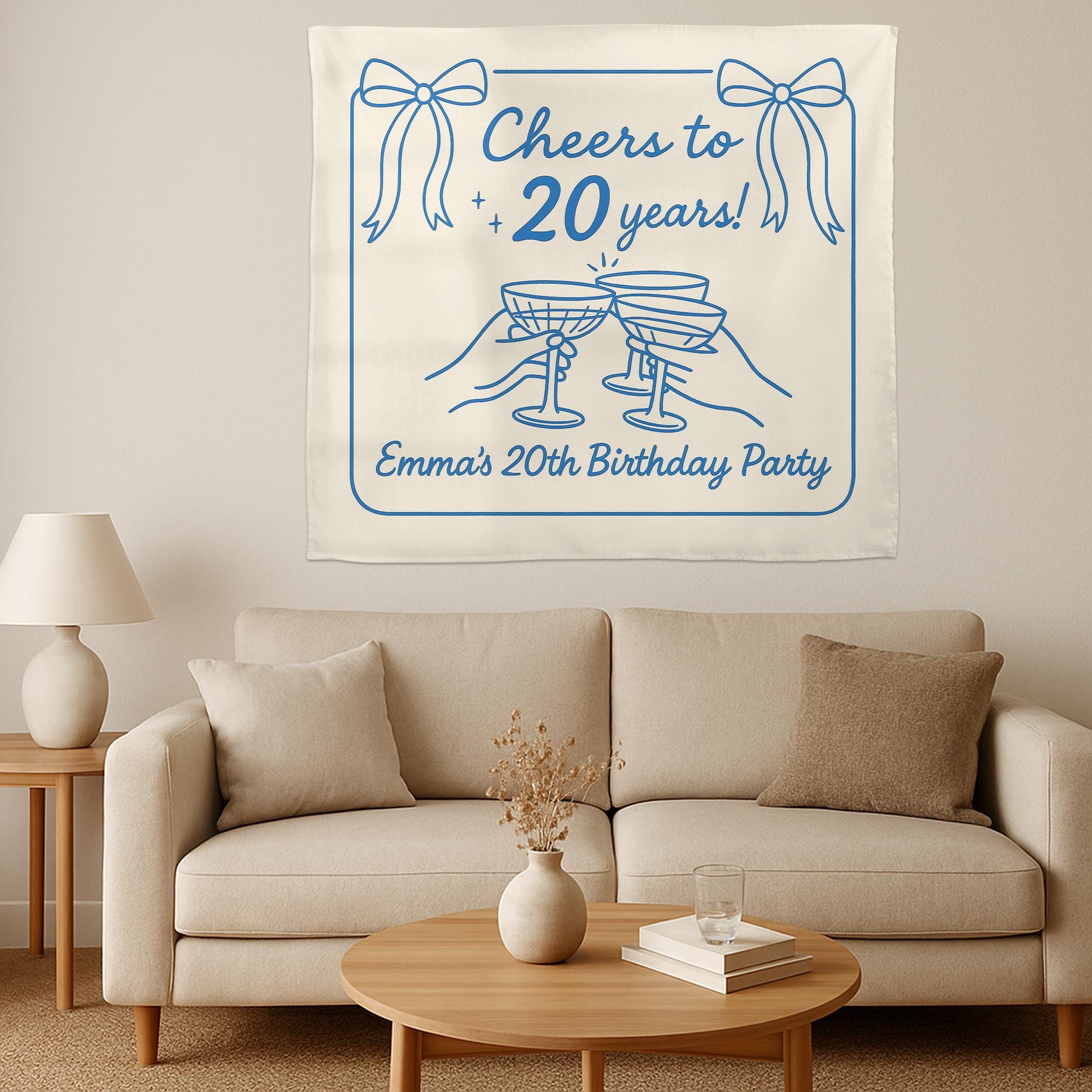 Custom Birthday Tapestry – Cheers to 20 Years Party Banner – Personalized Name & Age Wall Decor for Milestone Celebration