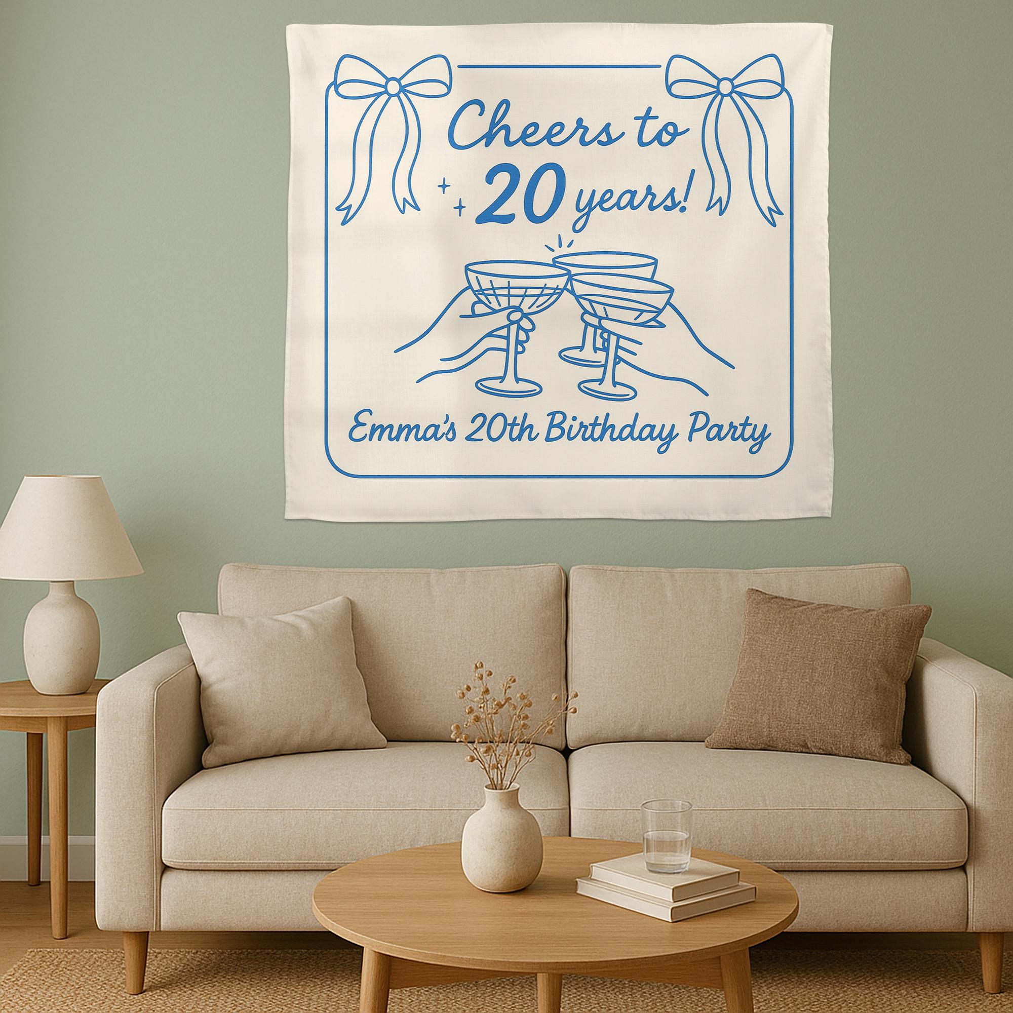 Custom Birthday Tapestry – Cheers to 20 Years Party Banner – Personalized Name & Age Wall Decor for Milestone Celebration