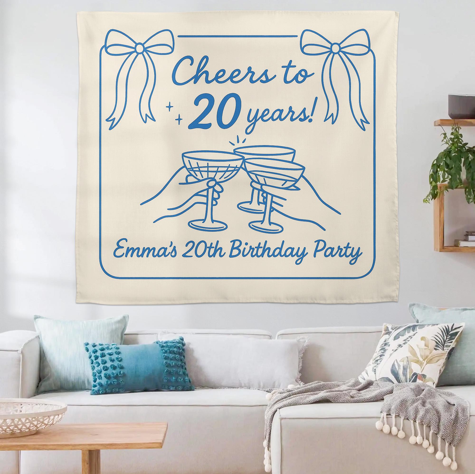 Custom Birthday Tapestry – Cheers to 20 Years Party Banner – Personalized Name & Age Wall Decor for Milestone Celebration
