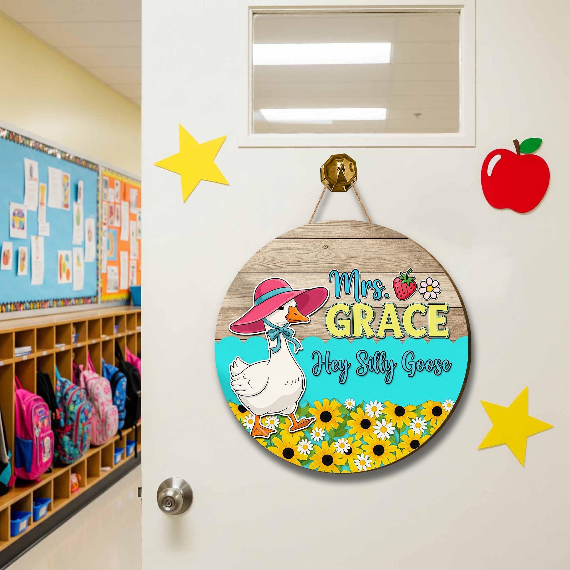 Personalized Silly Goose Door Sign – Custom Name Goose Decor with Flowers, Hat – Funny Classroom or Teacher Gift Round Wood Sign, Preschool
