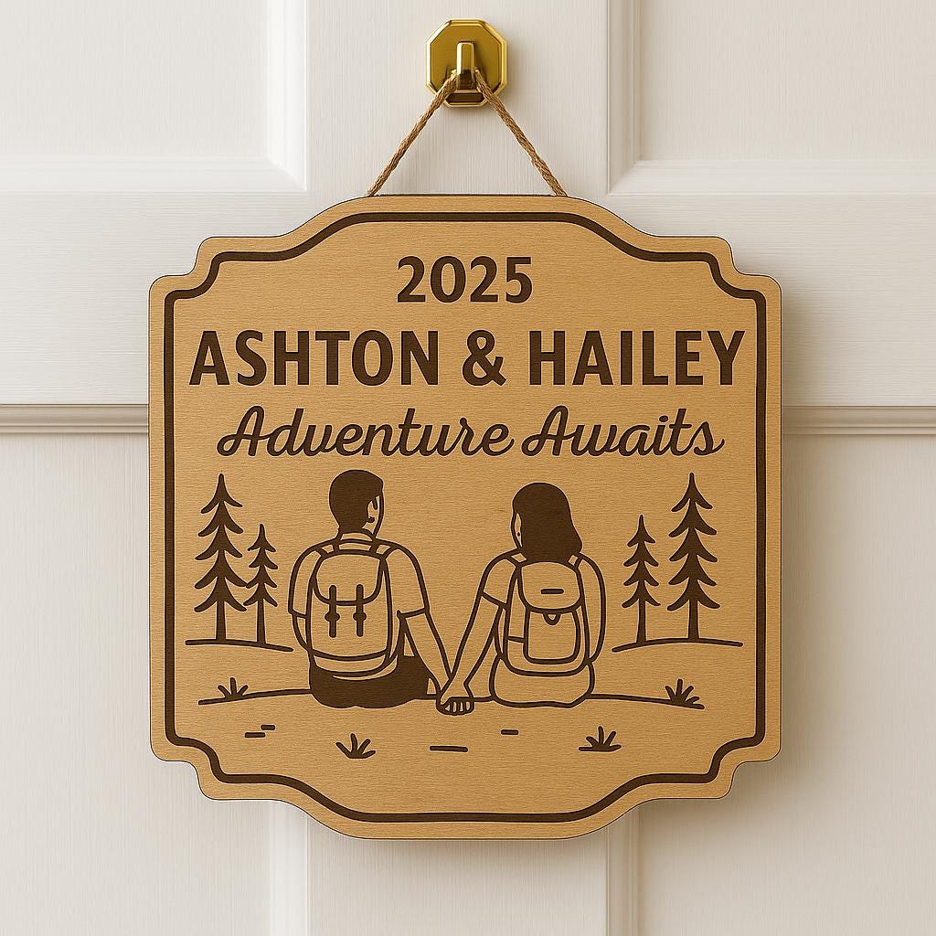 Custom Camping Wedding Door Sign – Adventure Awaits Couple Gift – Personalized Wood Plaque for Outdoorsy Bride & Groom