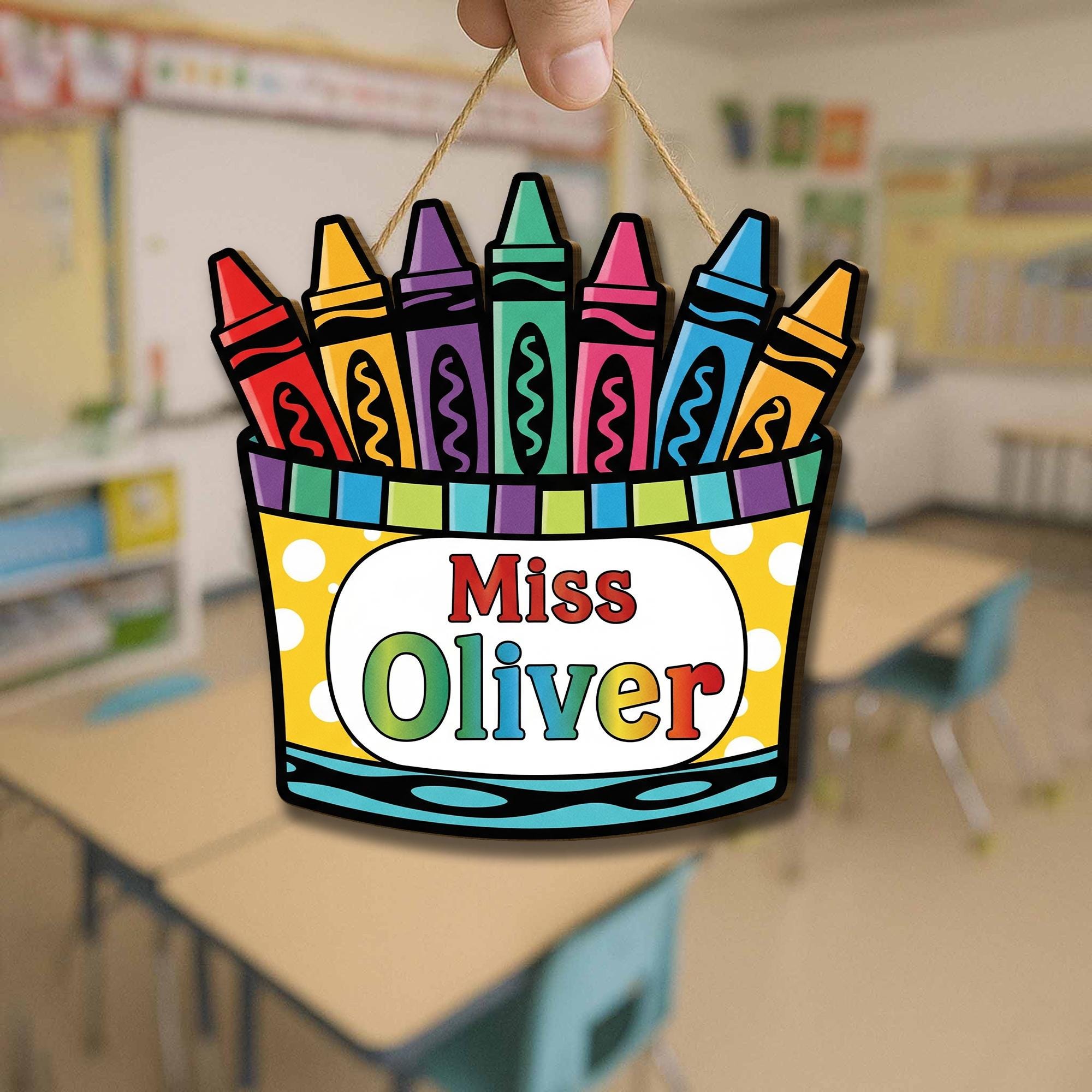 Personalized Crayon Door Sign for Teachers – Custom Name Classroom Decor – Colorful Back to School Hanging Sign for Pre-K, Kindergarten