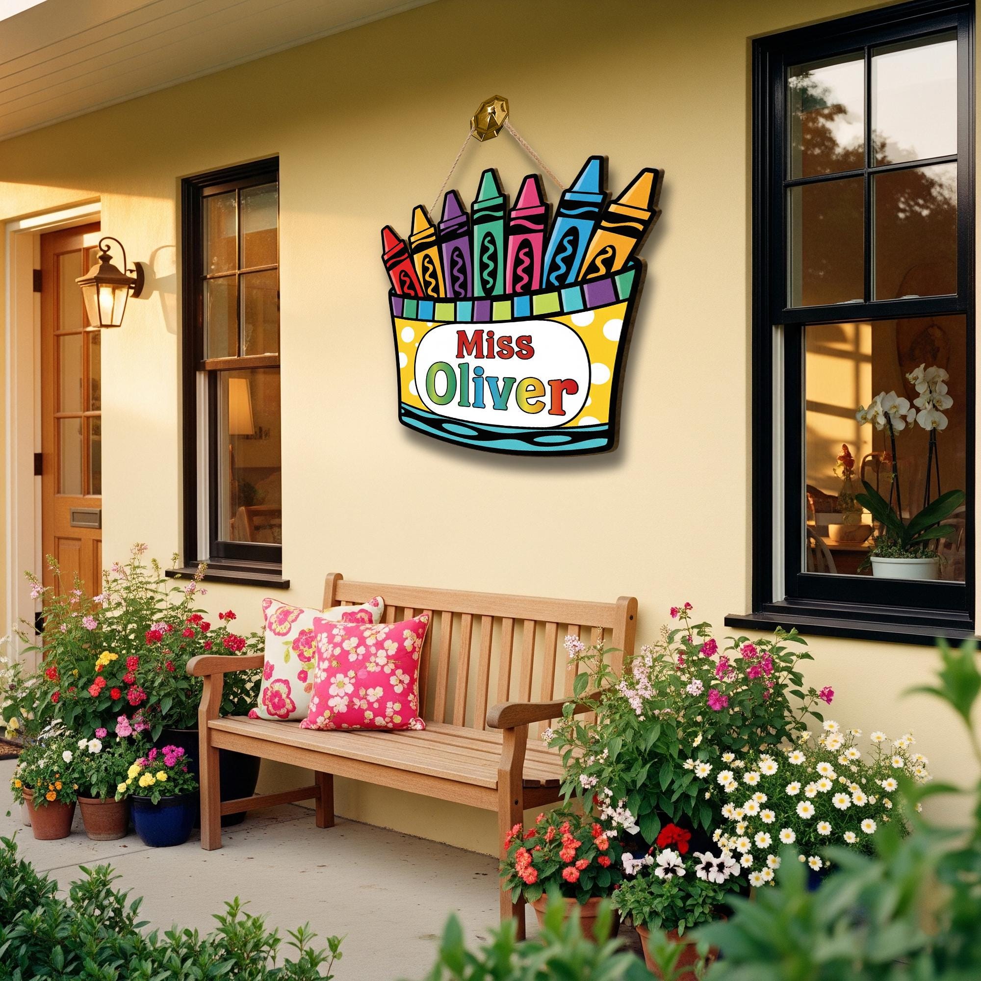 Personalized Crayon Door Sign for Teachers – Custom Name Classroom Decor – Colorful Back to School Hanging Sign for Pre-K, Kindergarten
