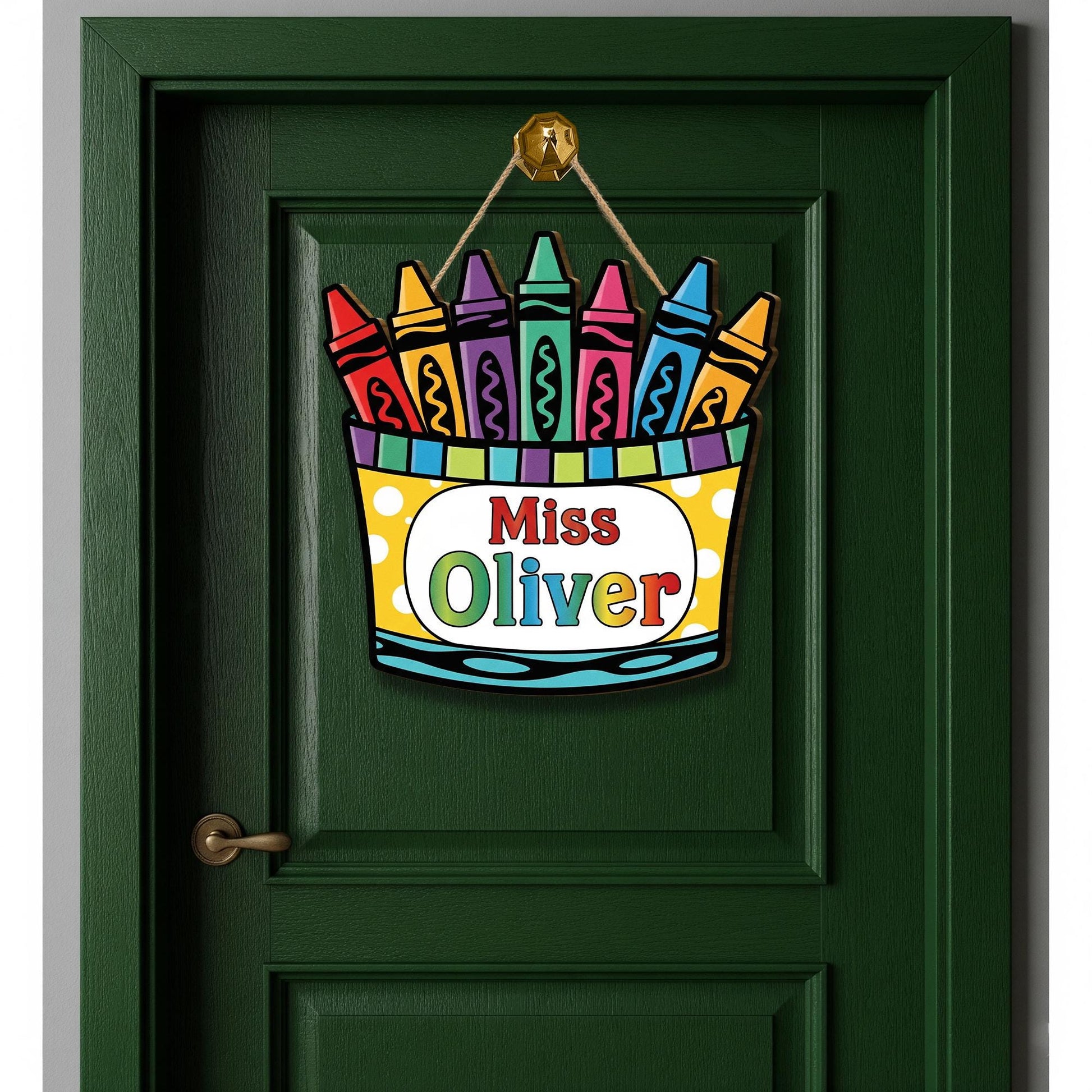 Personalized Crayon Door Sign for Teachers – Custom Name Classroom Decor – Colorful Back to School Hanging Sign for Pre-K, Kindergarten