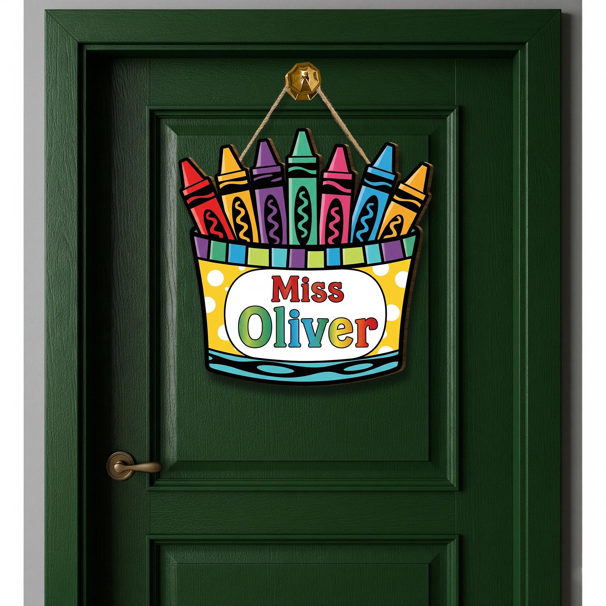 Personalized Crayon Door Sign for Teachers – Custom Name Classroom Decor – Colorful Back to School Hanging Sign for Pre-K, Kindergarten