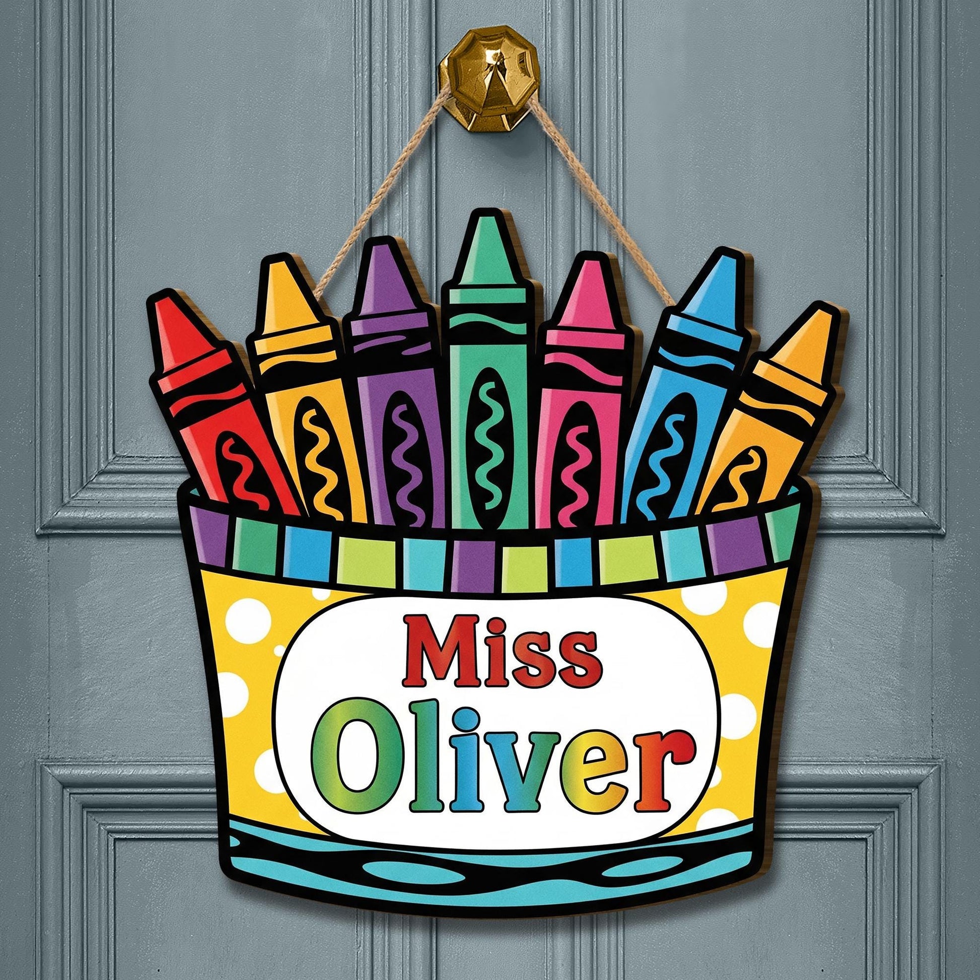 Personalized Crayon Door Sign for Teachers – Custom Name Classroom Decor – Colorful Back to School Hanging Sign for Pre-K, Kindergarten