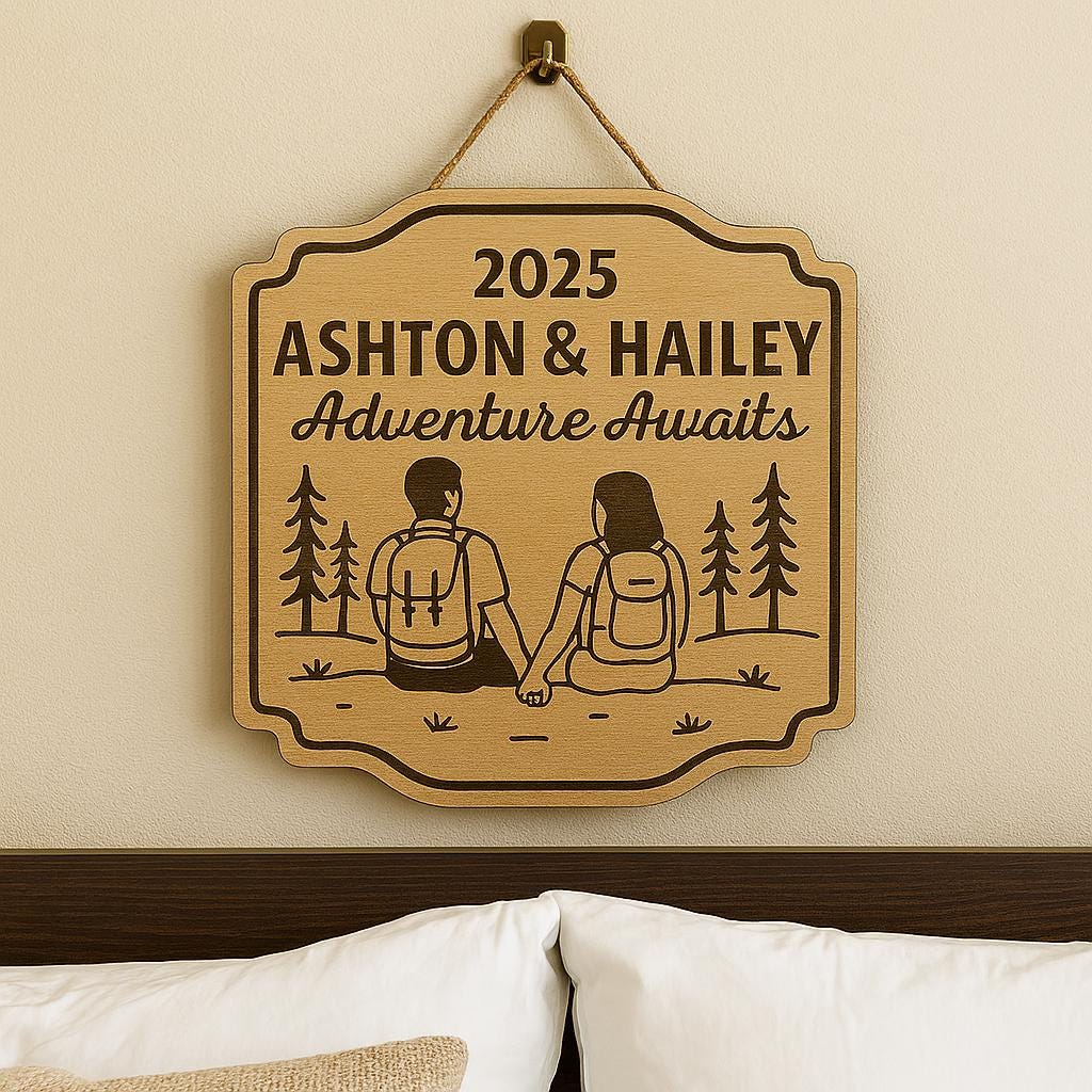 Custom Camping Wedding Door Sign – Adventure Awaits Couple Gift – Personalized Wood Plaque for Outdoorsy Bride & Groom