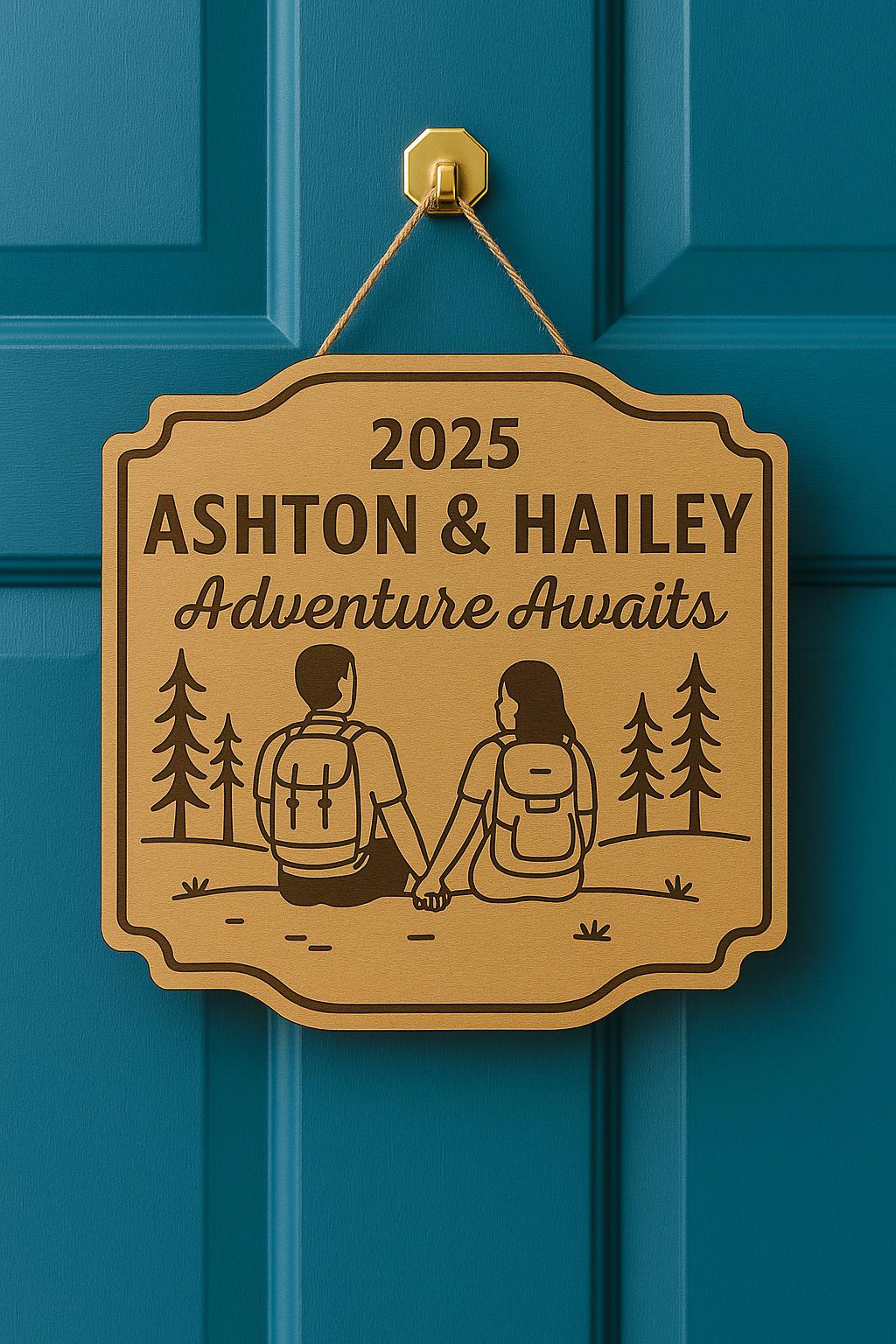 Custom Camping Wedding Door Sign – Adventure Awaits Couple Gift – Personalized Wood Plaque for Outdoorsy Bride & Groom