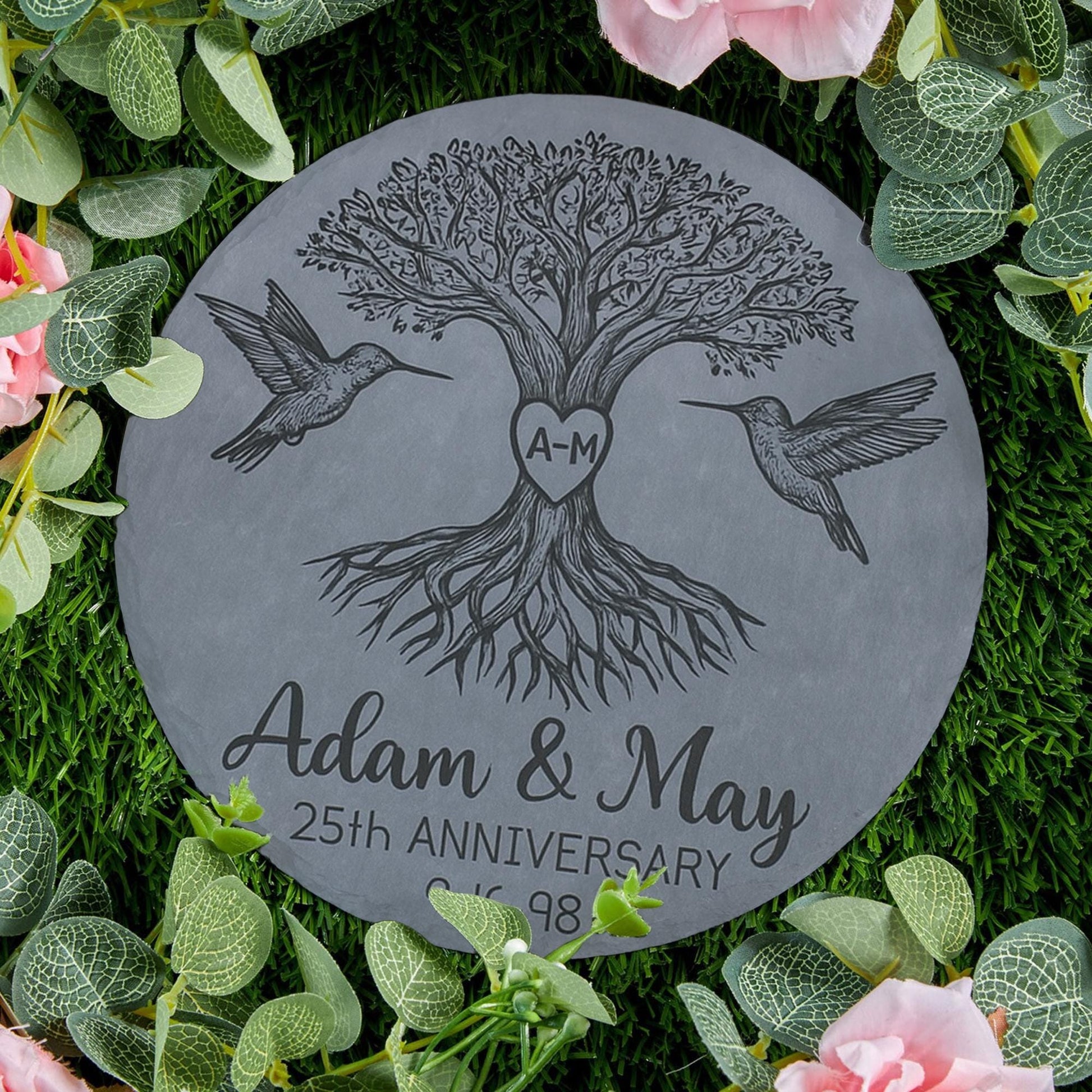 Custom Anniversary Garden Stone - Tree of Life with Hummingbirds - Personalized Couple Yard Decor - Outdoor Gift for Wedding gift