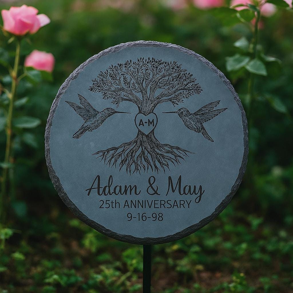Custom Anniversary Garden Stone - Tree of Life with Hummingbirds - Personalized Couple Yard Decor - Outdoor Gift for Wedding gift