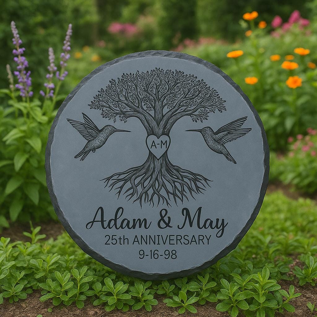 Custom Anniversary Garden Stone - Tree of Life with Hummingbirds - Personalized Couple Yard Decor - Outdoor Gift for Wedding gift