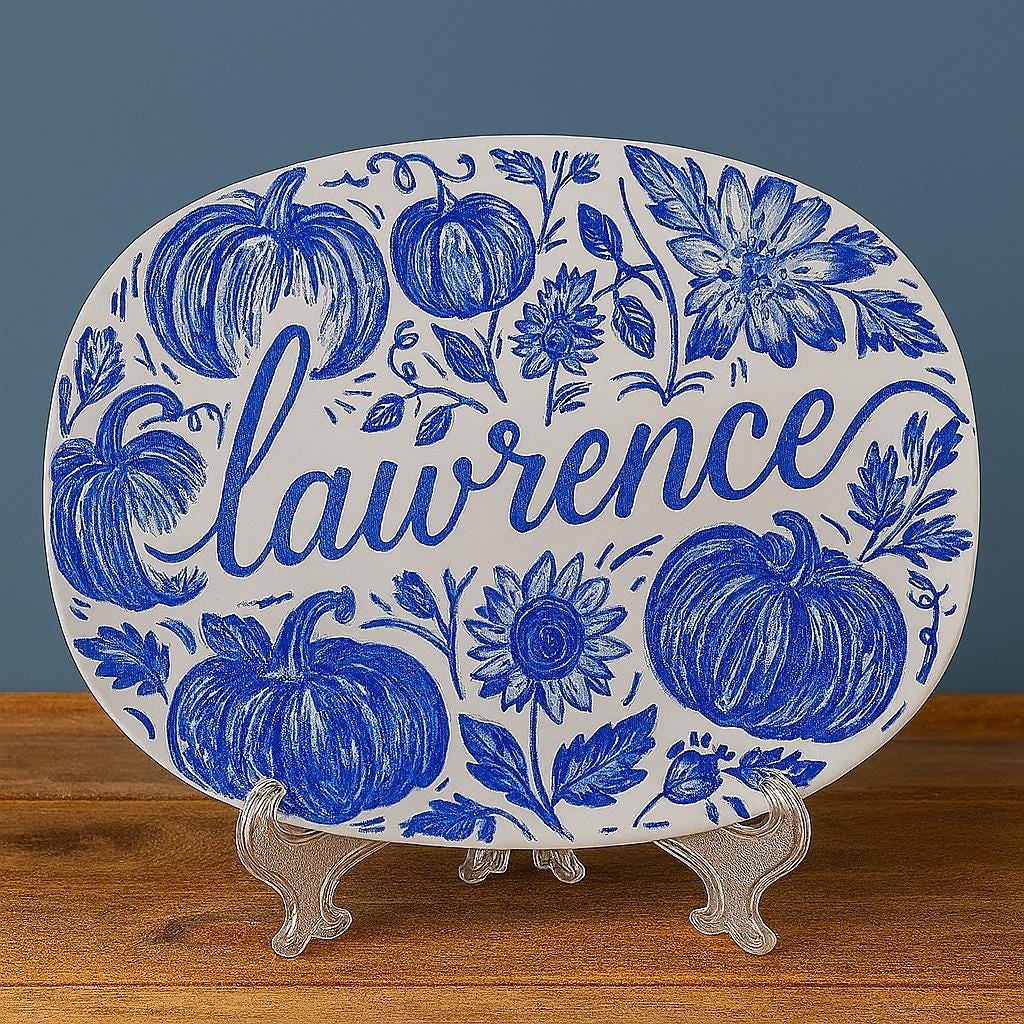 Custom Chinoiserie Pumpkin Platter - Blue & White Fall Floral Plate - Personalized Thanksgiving Decor - Autumn Hostess Gift Tray- DECOR only