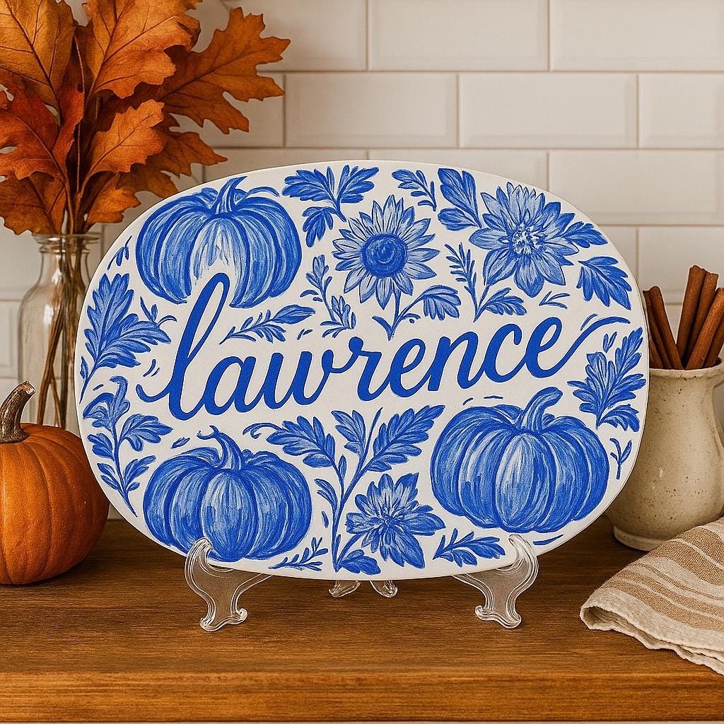Custom Chinoiserie Pumpkin Platter - Blue & White Fall Floral Plate - Personalized Thanksgiving Decor - Autumn Hostess Gift Tray- DECOR only
