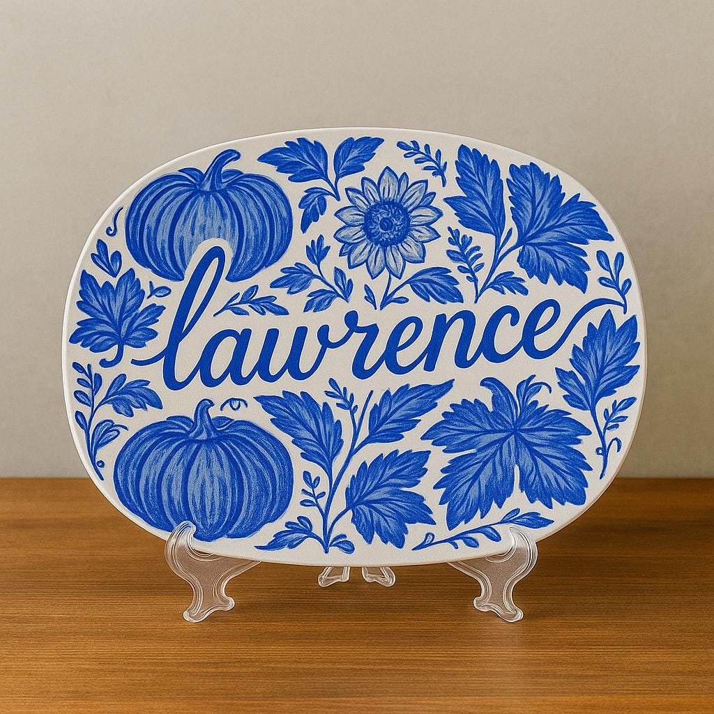 Custom Chinoiserie Pumpkin Platter - Blue & White Fall Floral Plate - Personalized Thanksgiving Decor - Autumn Hostess Gift Tray- DECOR only