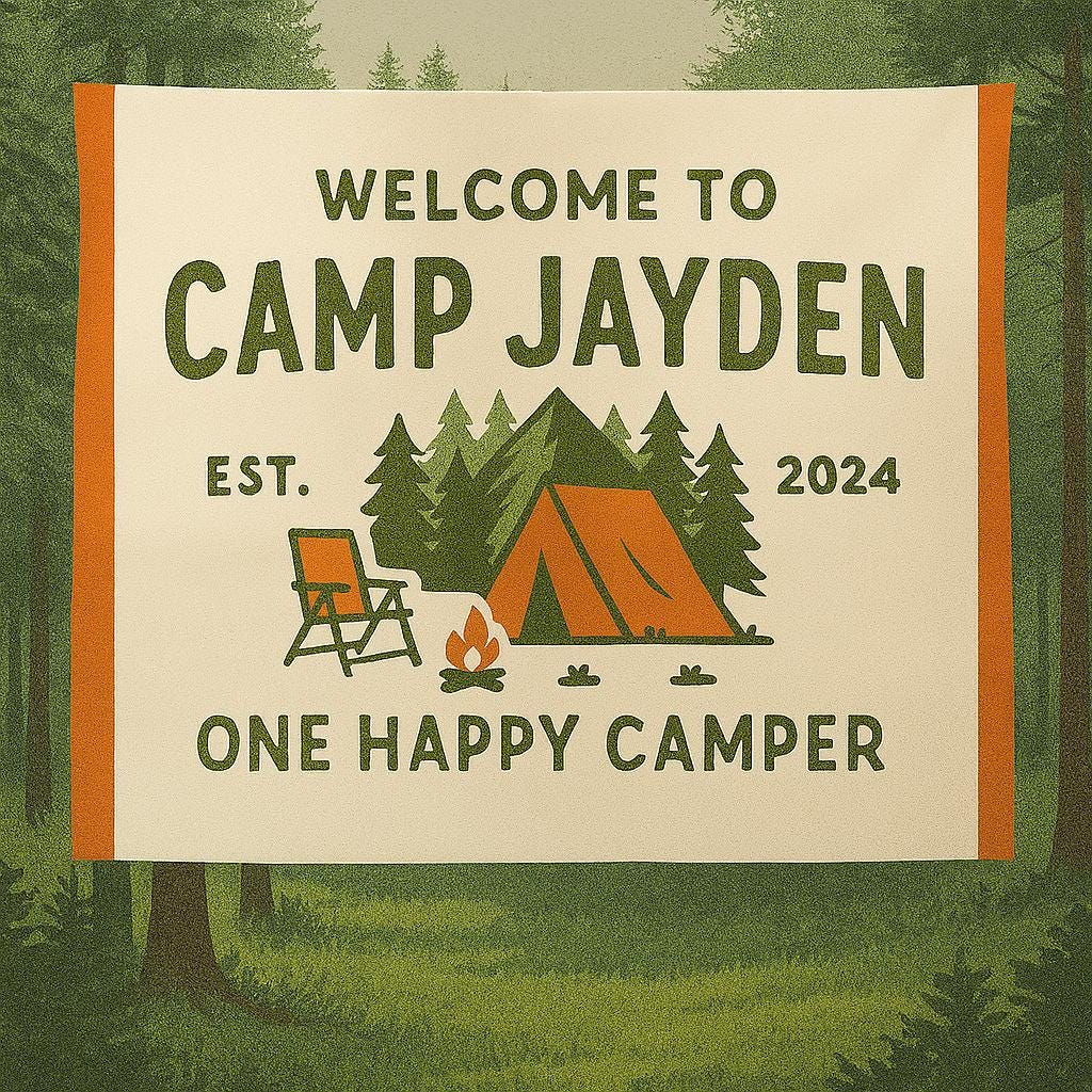 Custom Camp Tapestry - Personalized Camper Banner with Tent & Forest Design - Outdoor Adventure Decor - Happy Camper Gift for Kids or Adults