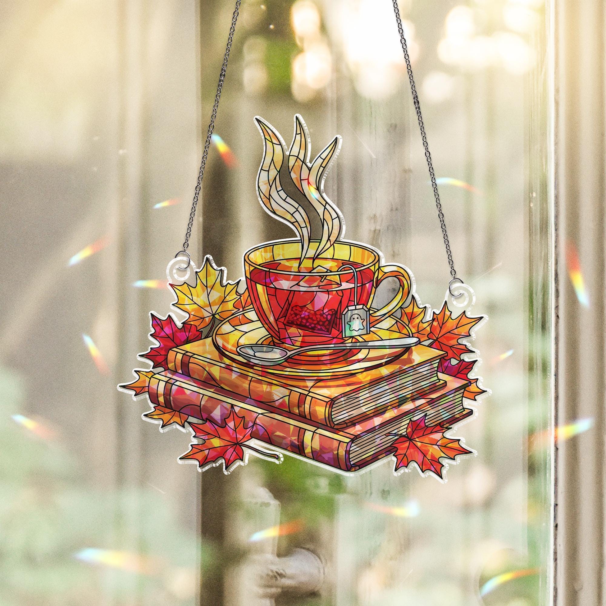 Cozy Tea and Books Stained Glass Window Hanging – Autumn Leaves Faux Hologram Suncatcher for Book Lovers, Readers, Fall Home Decor