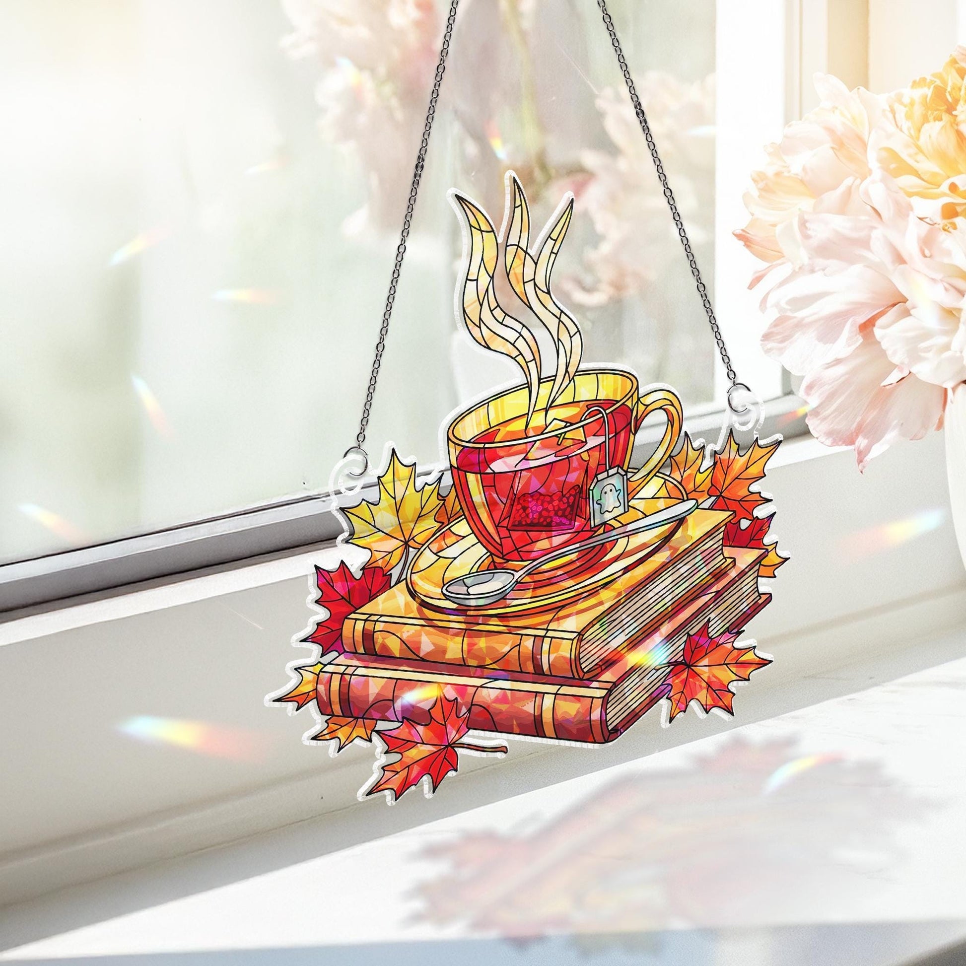 Cozy Tea and Books Stained Glass Window Hanging – Autumn Leaves Faux Hologram Suncatcher for Book Lovers, Readers, Fall Home Decor