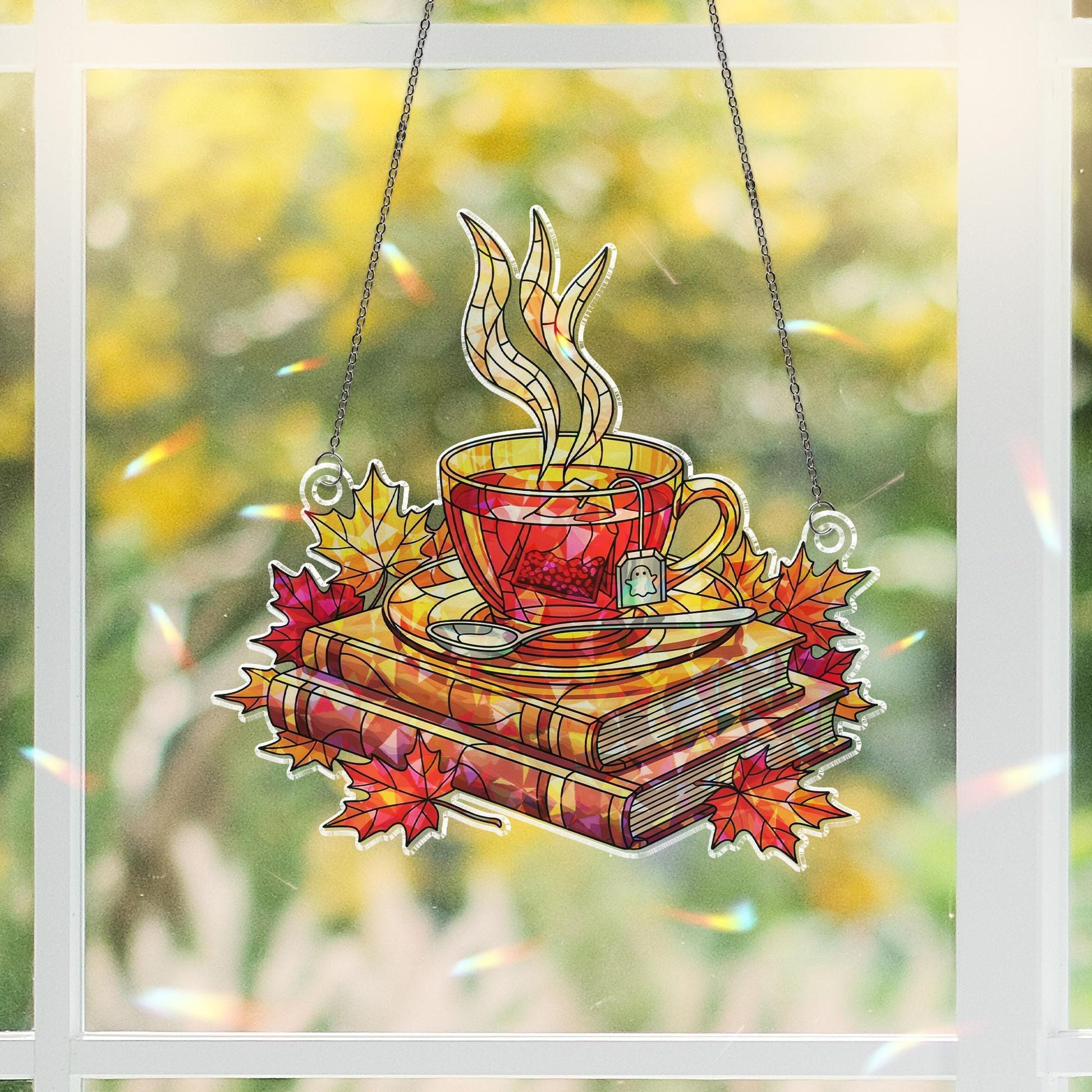 Cozy Tea and Books Stained Glass Window Hanging – Autumn Leaves Faux Hologram Suncatcher for Book Lovers, Readers, Fall Home Decor