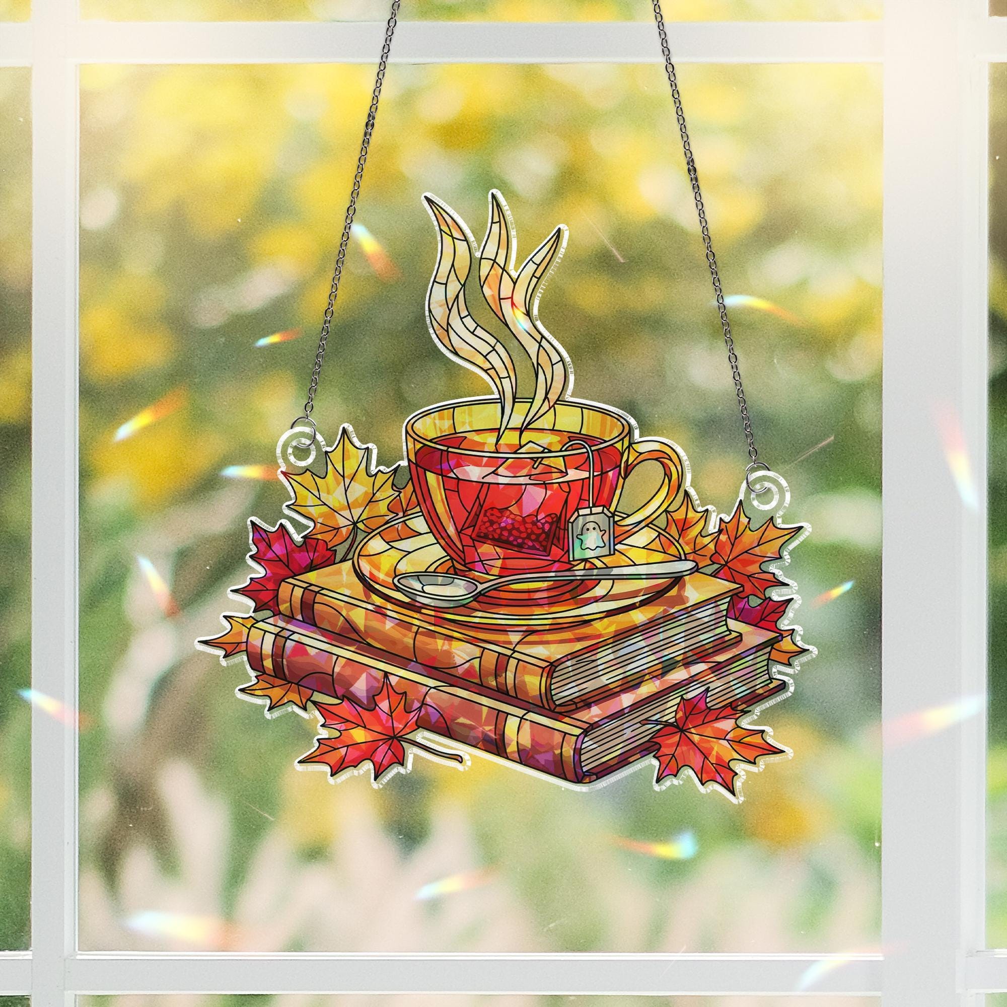 Cozy Tea and Books Stained Glass Window Hanging – Autumn Leaves Faux Hologram Suncatcher for Book Lovers, Readers, Fall Home Decor