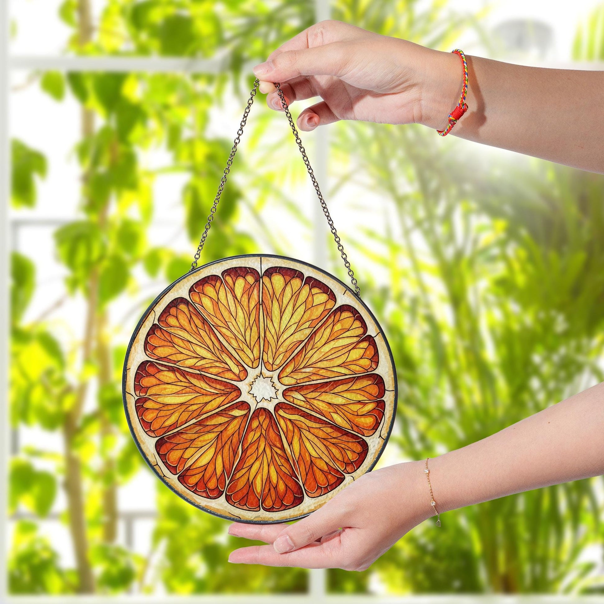 Citrus Slice Faux Stained Glass Suncatcher – Orange Window Hanging Kitchen Decor, Summer Fruit Sun Catcher Gift, Bright Window Art