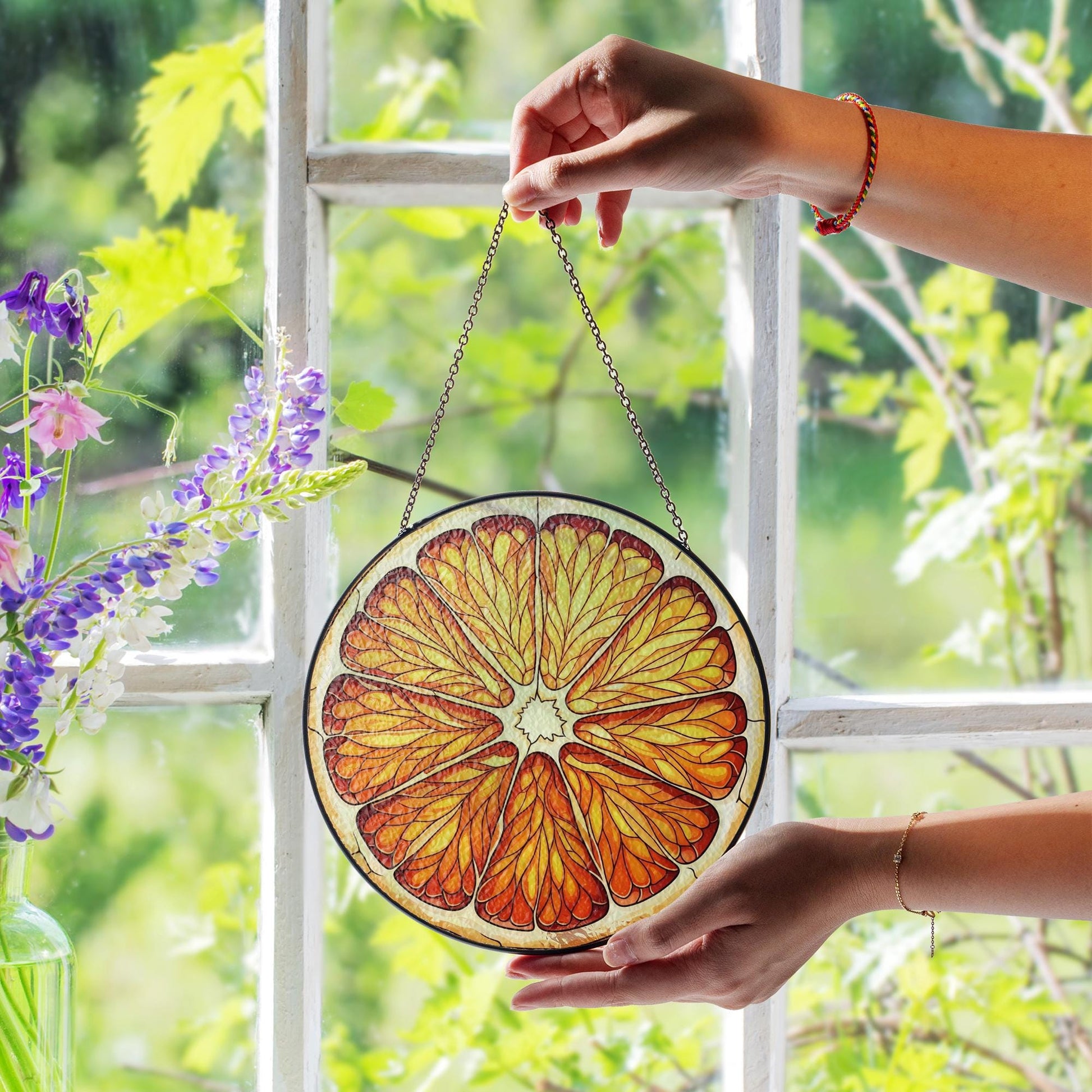 Citrus Slice Faux Stained Glass Suncatcher – Orange Window Hanging Kitchen Decor, Summer Fruit Sun Catcher Gift, Bright Window Art