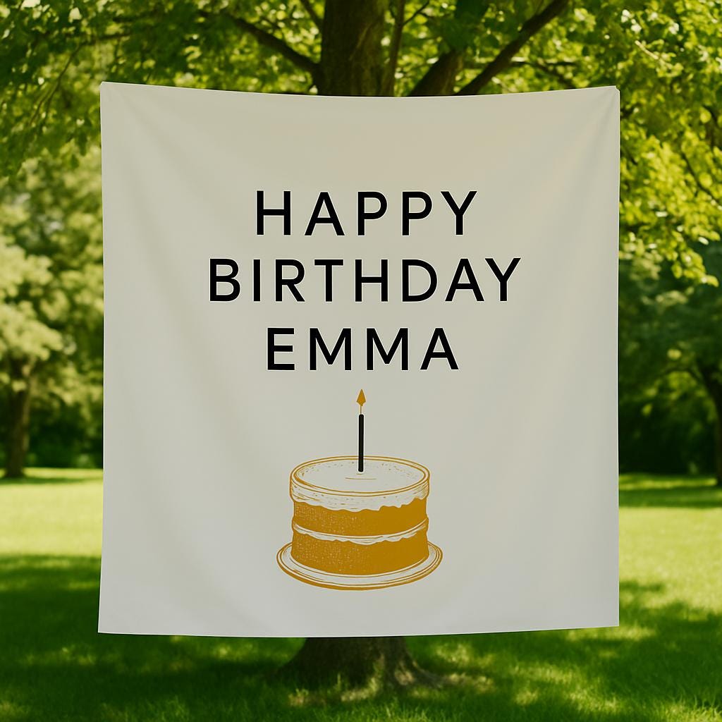 Custom Birthday Tapestry with Cake Illustration – Personalized Name Party Backdrop for Kids or Adults, Indoor/Outdoor Decor