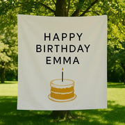 Custom Birthday Tapestry with Cake Illustration – Personalized Name Party Backdrop for Kids or Adults, Indoor/Outdoor Decor