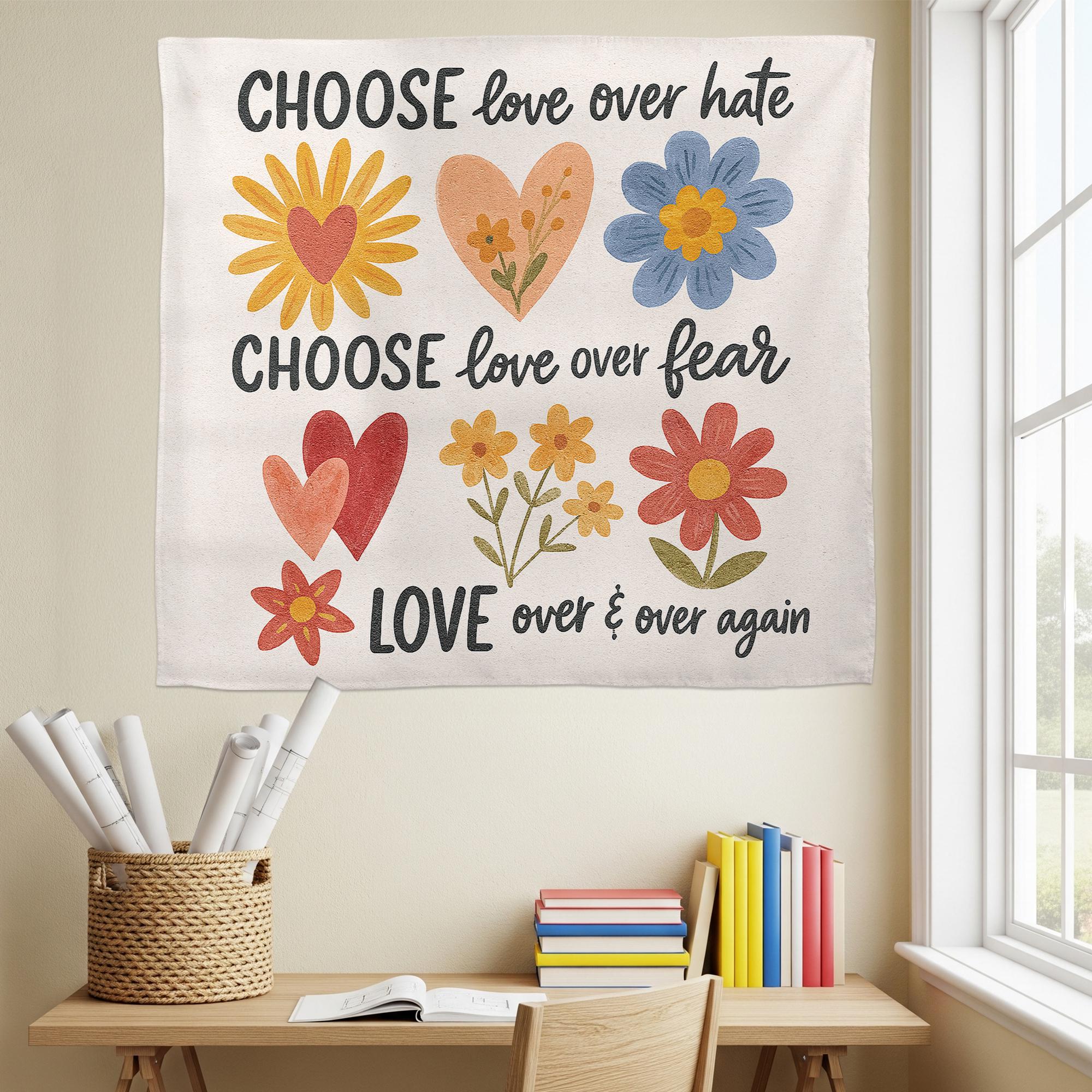 Classroom Wall Art Banner – Choose Love Over Hate Fear Quote – Positive Teacher Decor for Kids Room, School, or Counseling Office, School