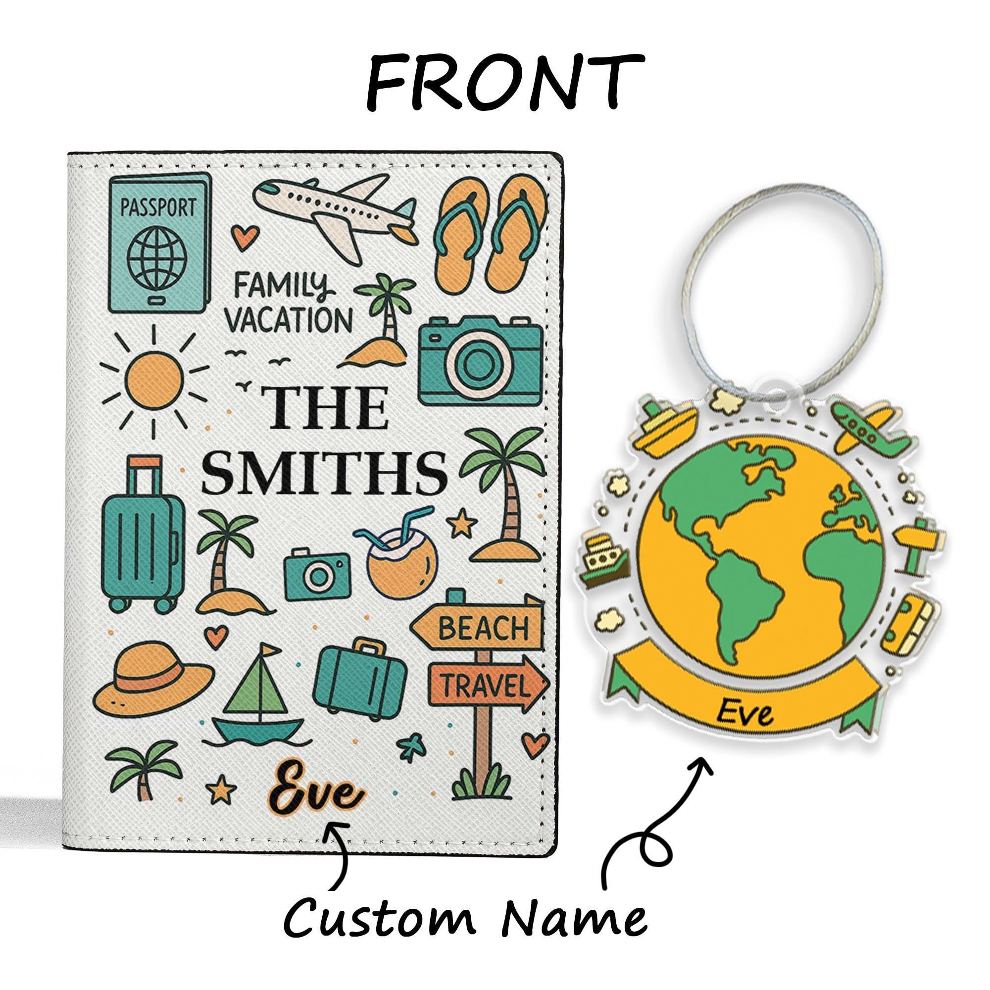 Custom Family Passport Wallet & Tag Set, Personalized Travel Gift with Name, Vacation Leather Cover, Globe Acrylic Luggage Tag, Travel Gifts