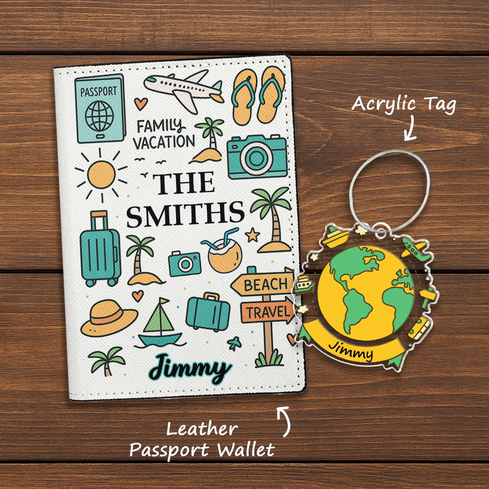 Custom Family Passport Wallet & Tag Set, Personalized Travel Gift with Name, Vacation Leather Cover, Globe Acrylic Luggage Tag, Travel Gifts