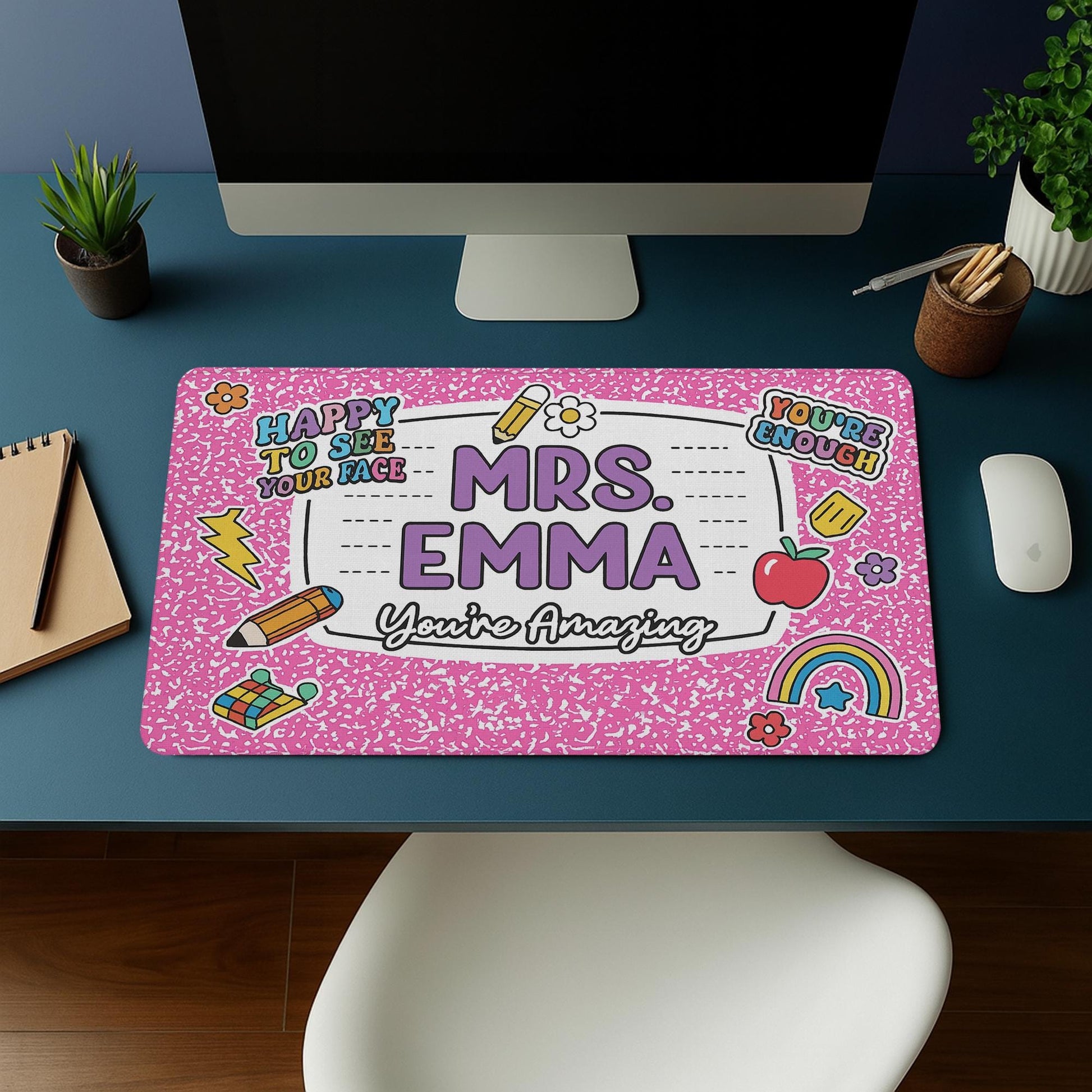 Custom Teacher Mouse Pad, Composition Notebook Style Desk Mat, Personalized Back to School Gift for Educators, Cute Classroom Decor