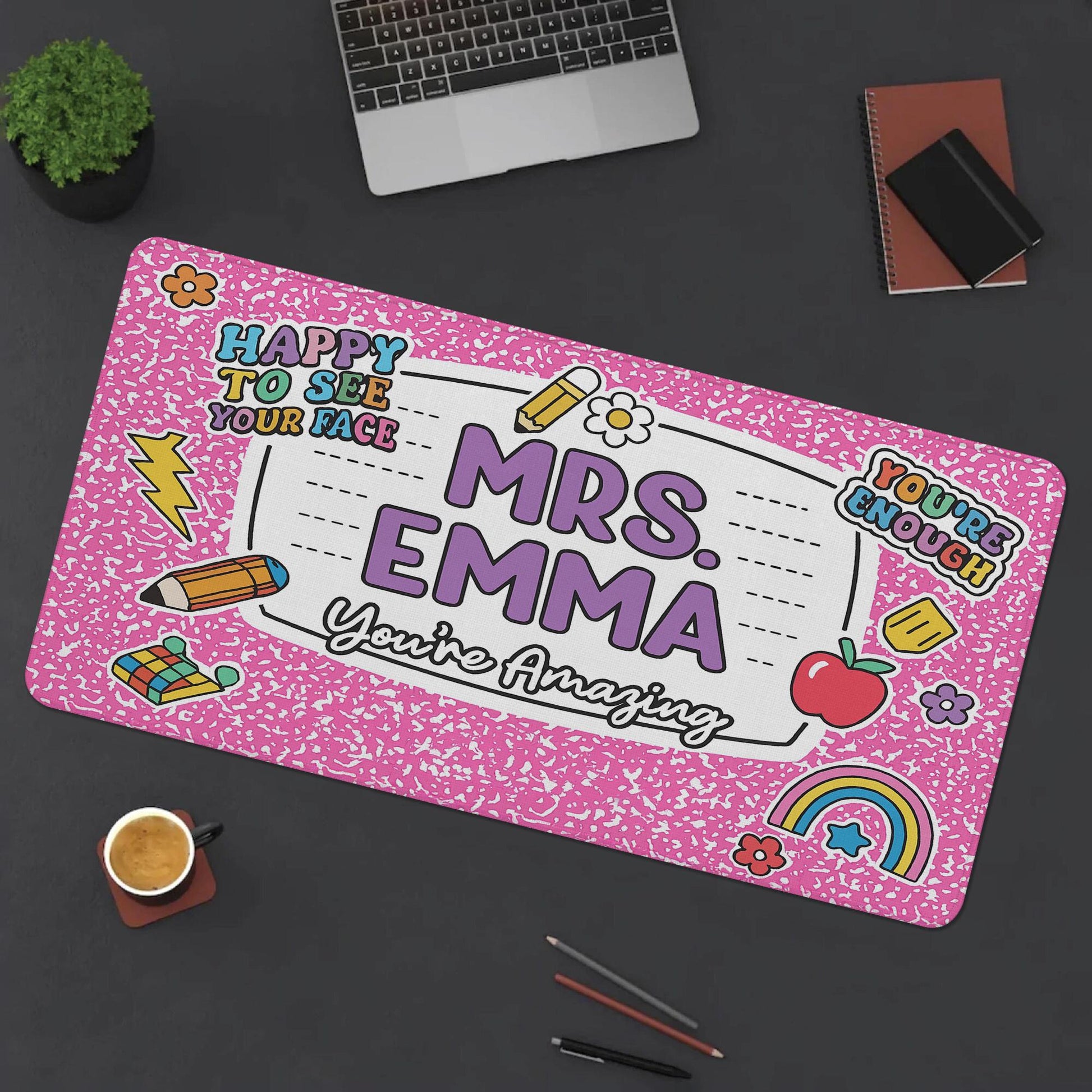 Custom Teacher Mouse Pad, Composition Notebook Style Desk Mat, Personalized Back to School Gift for Educators, Cute Classroom Decor