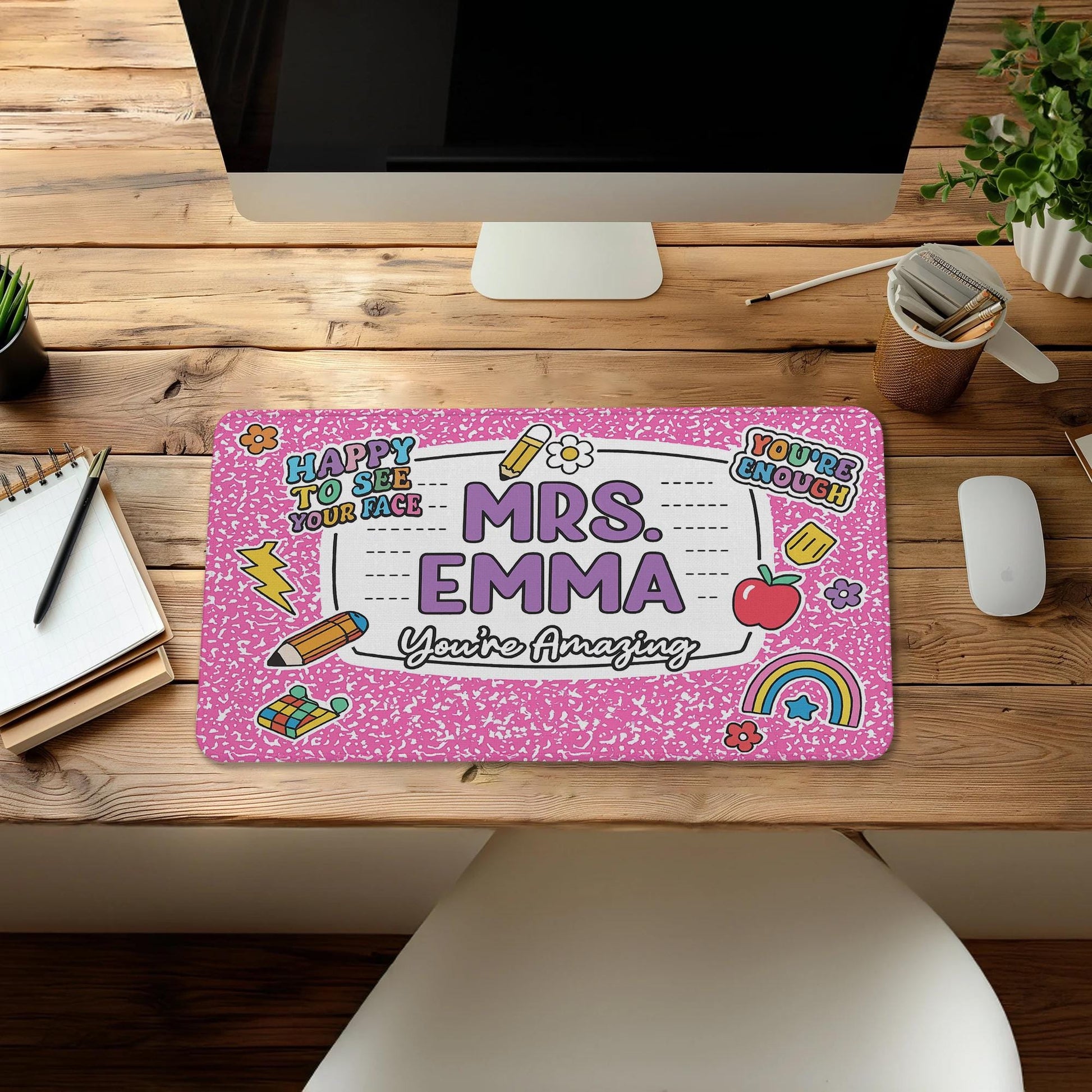 Custom Teacher Mouse Pad, Composition Notebook Style Desk Mat, Personalized Back to School Gift for Educators, Cute Classroom Decor