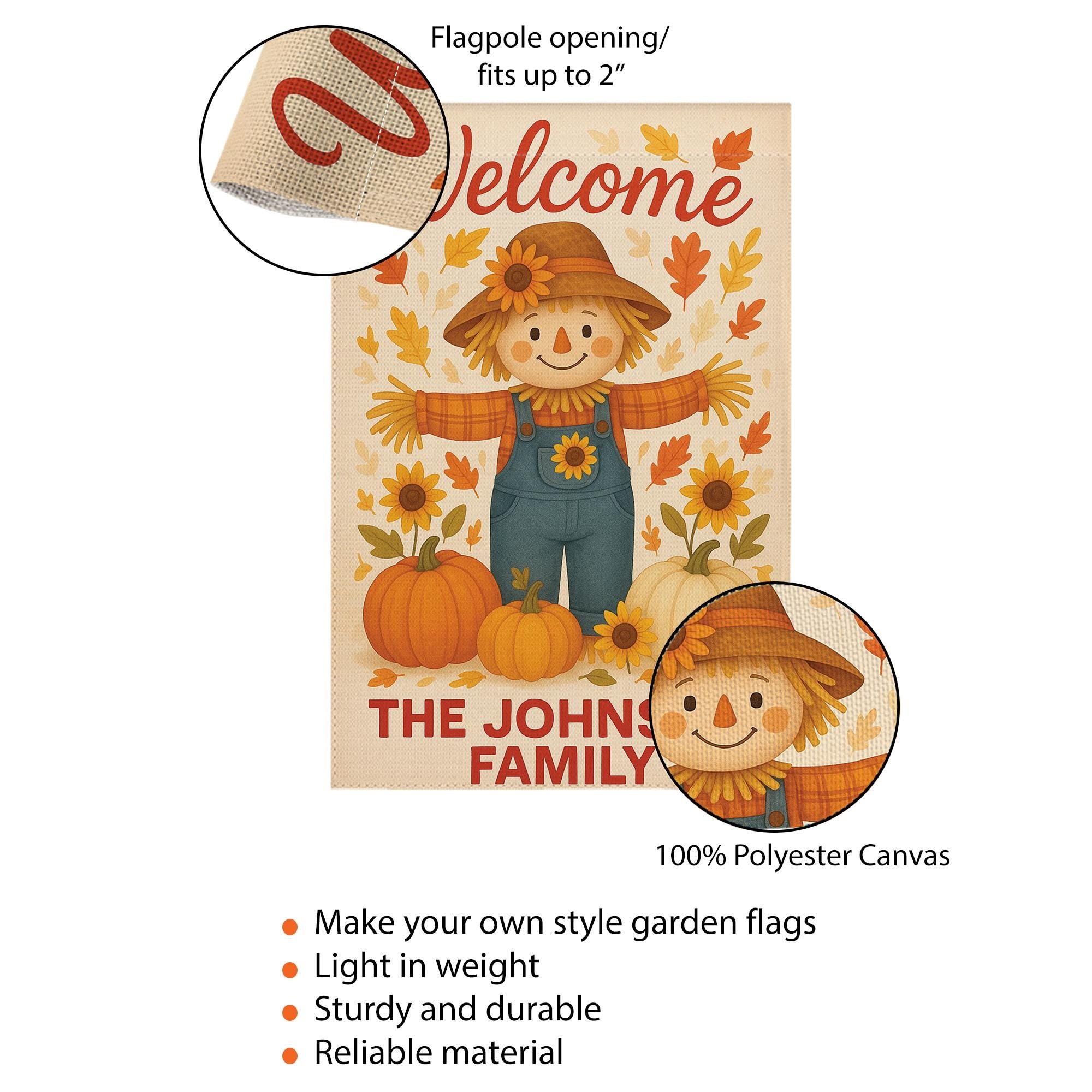 Personalized Scarecrow Garden Flag, Custom Fall Yard Sign, Pumpkin Autumn Decor, Welcome Family Name Flag, Thanksgiving Outdoor