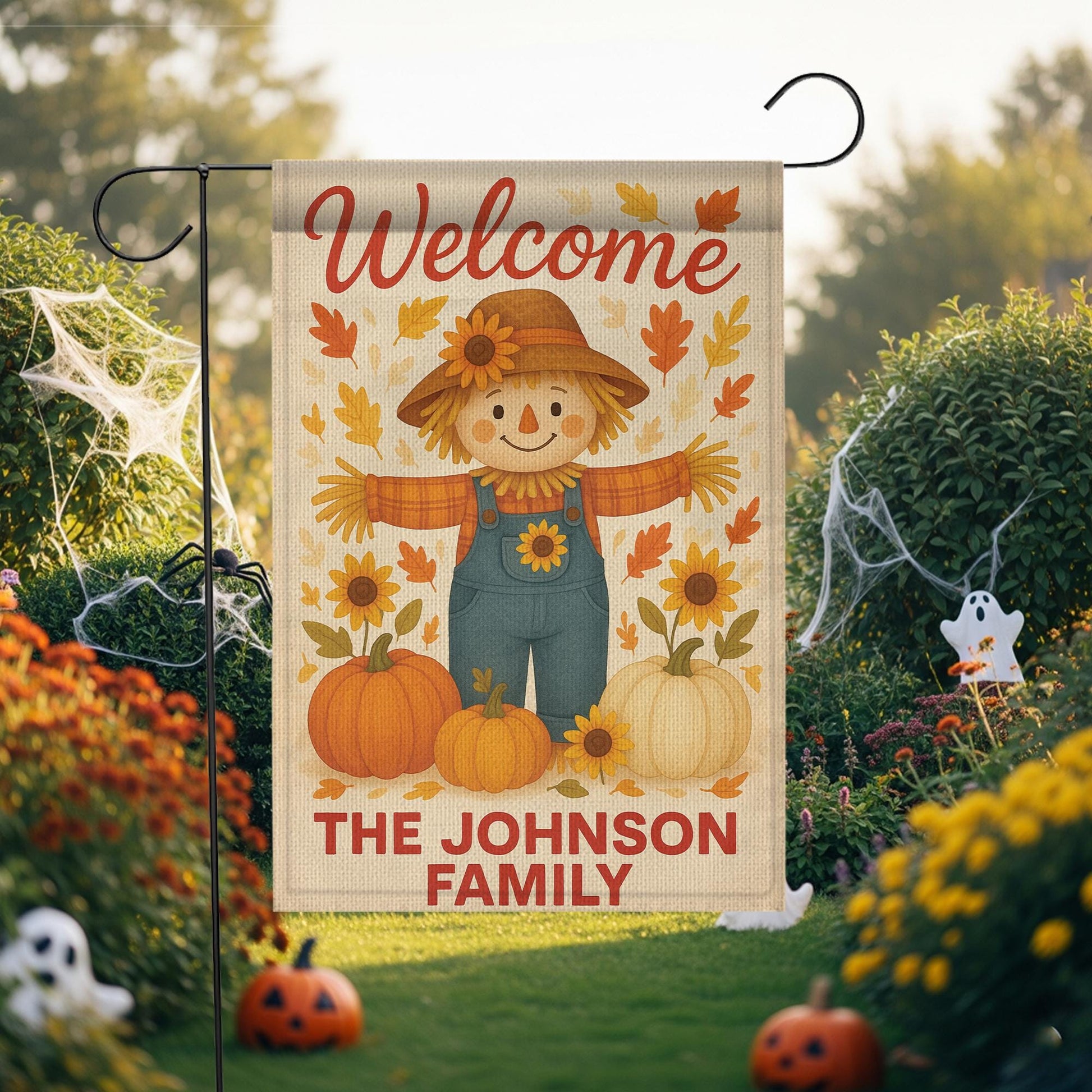Personalized Scarecrow Garden Flag, Custom Fall Yard Sign, Pumpkin Autumn Decor, Welcome Family Name Flag, Thanksgiving Outdoor
