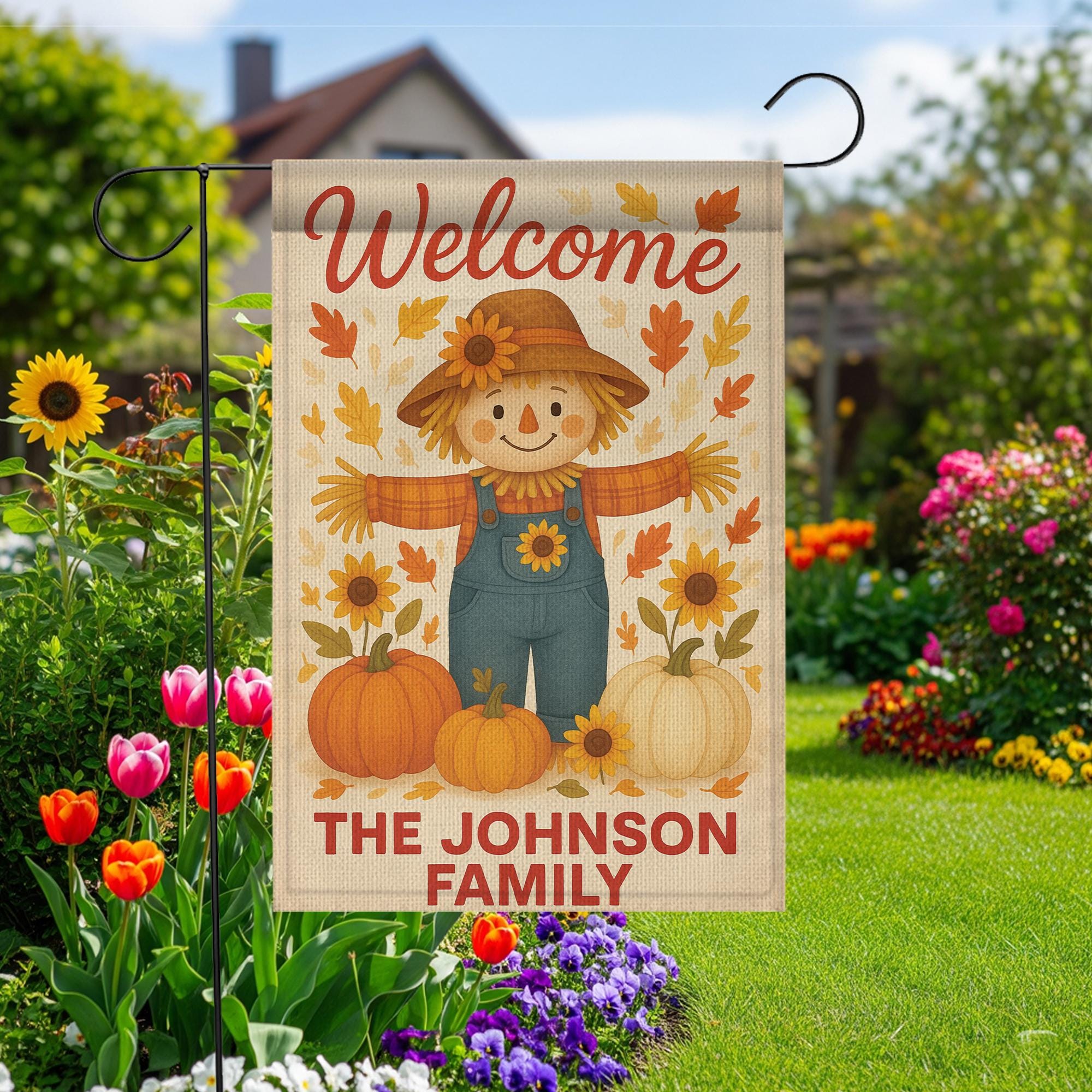 Personalized Scarecrow Garden Flag, Custom Fall Yard Sign, Pumpkin Autumn Decor, Welcome Family Name Flag, Thanksgiving Outdoor