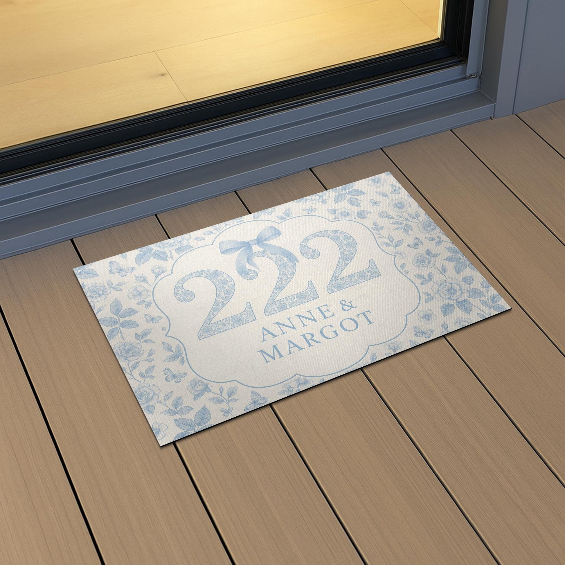 Custom Chinoiserie Dorm Doormat – Personalized Blue Floral Room Number Mat with Names for College or Apartment Entryway