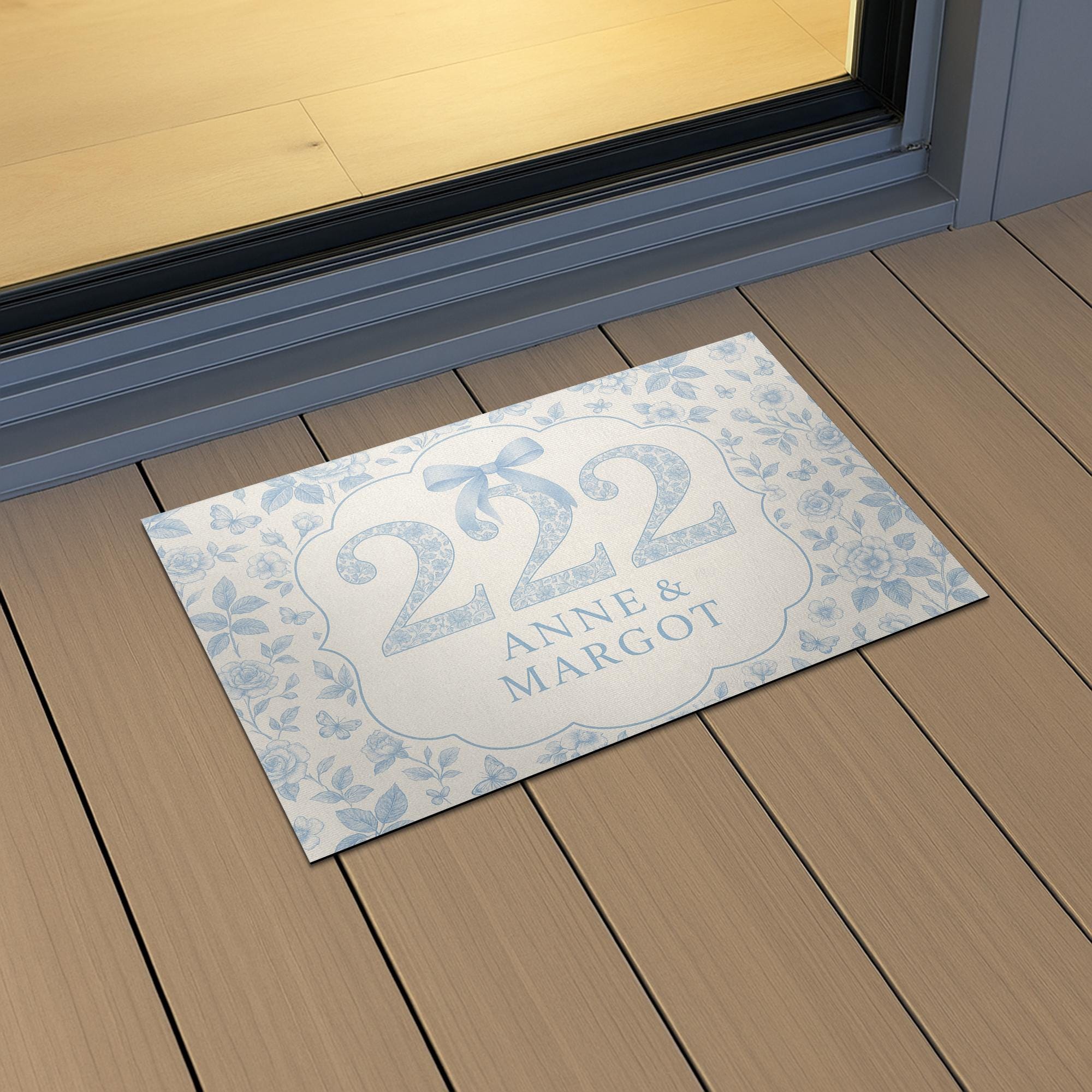 Custom Chinoiserie Dorm Doormat – Personalized Blue Floral Room Number Mat with Names for College or Apartment Entryway